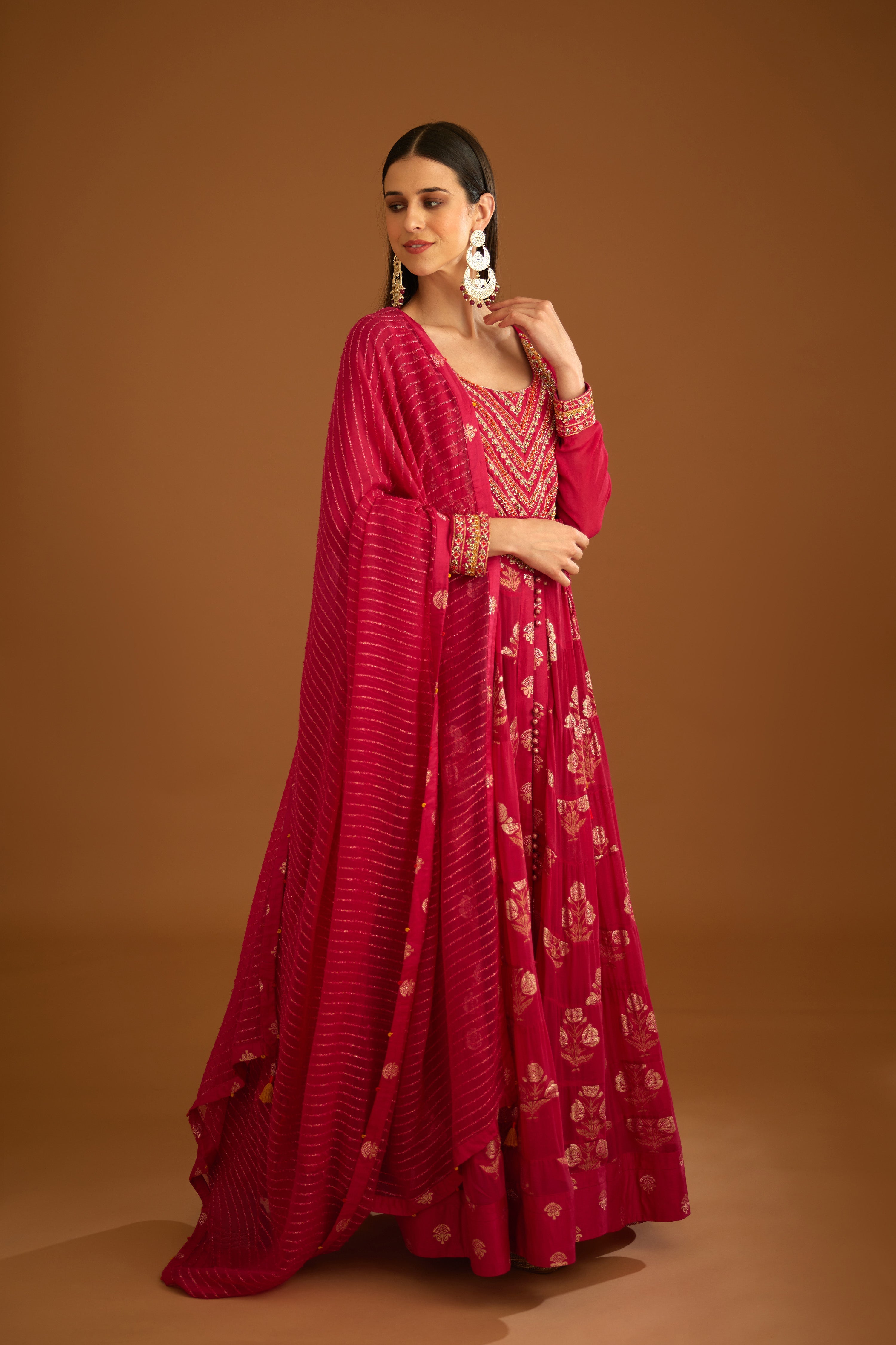 Georgette Dark Pink Anarkali Set- side view