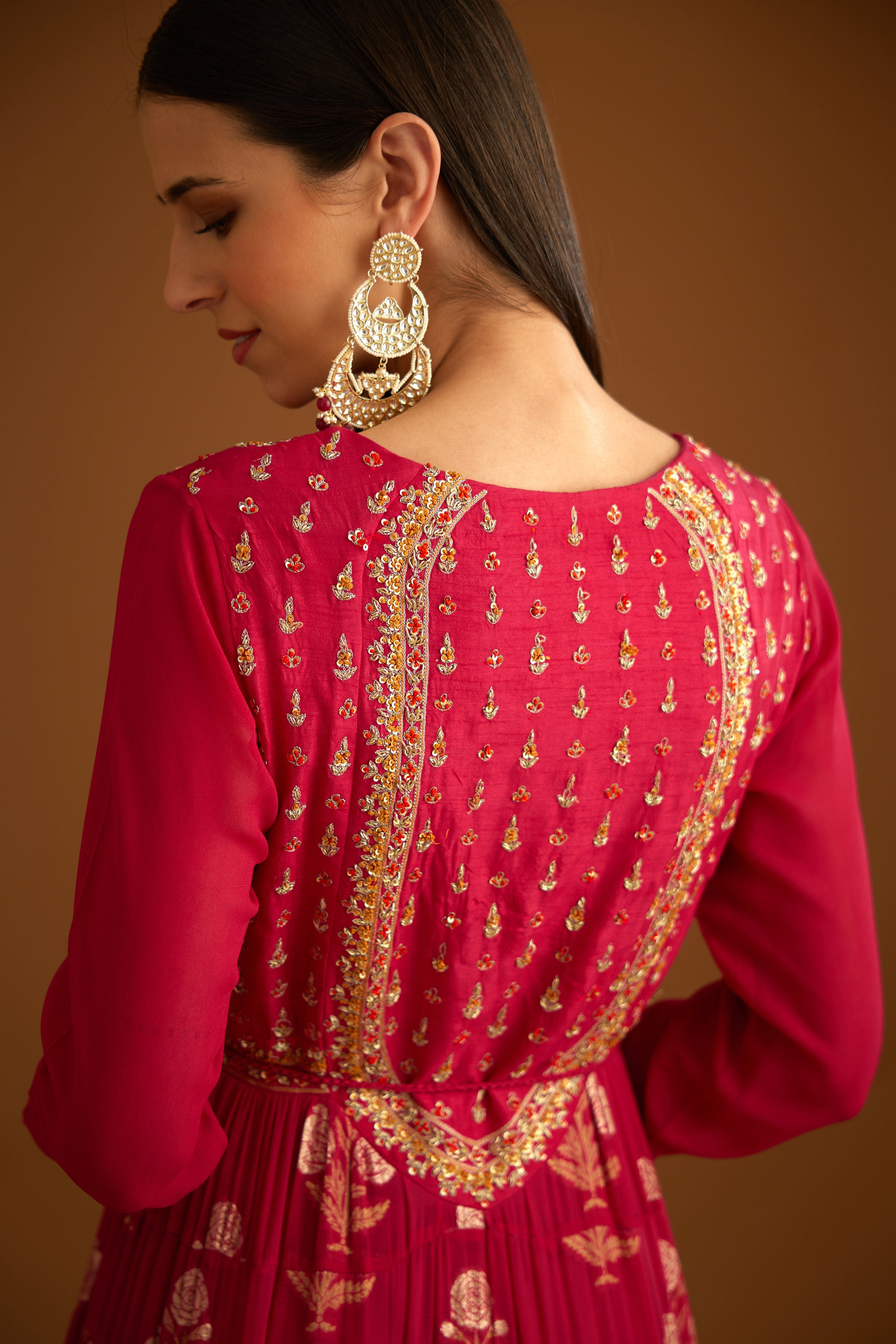 Georgette Dark Pink Anarkali Set- close view