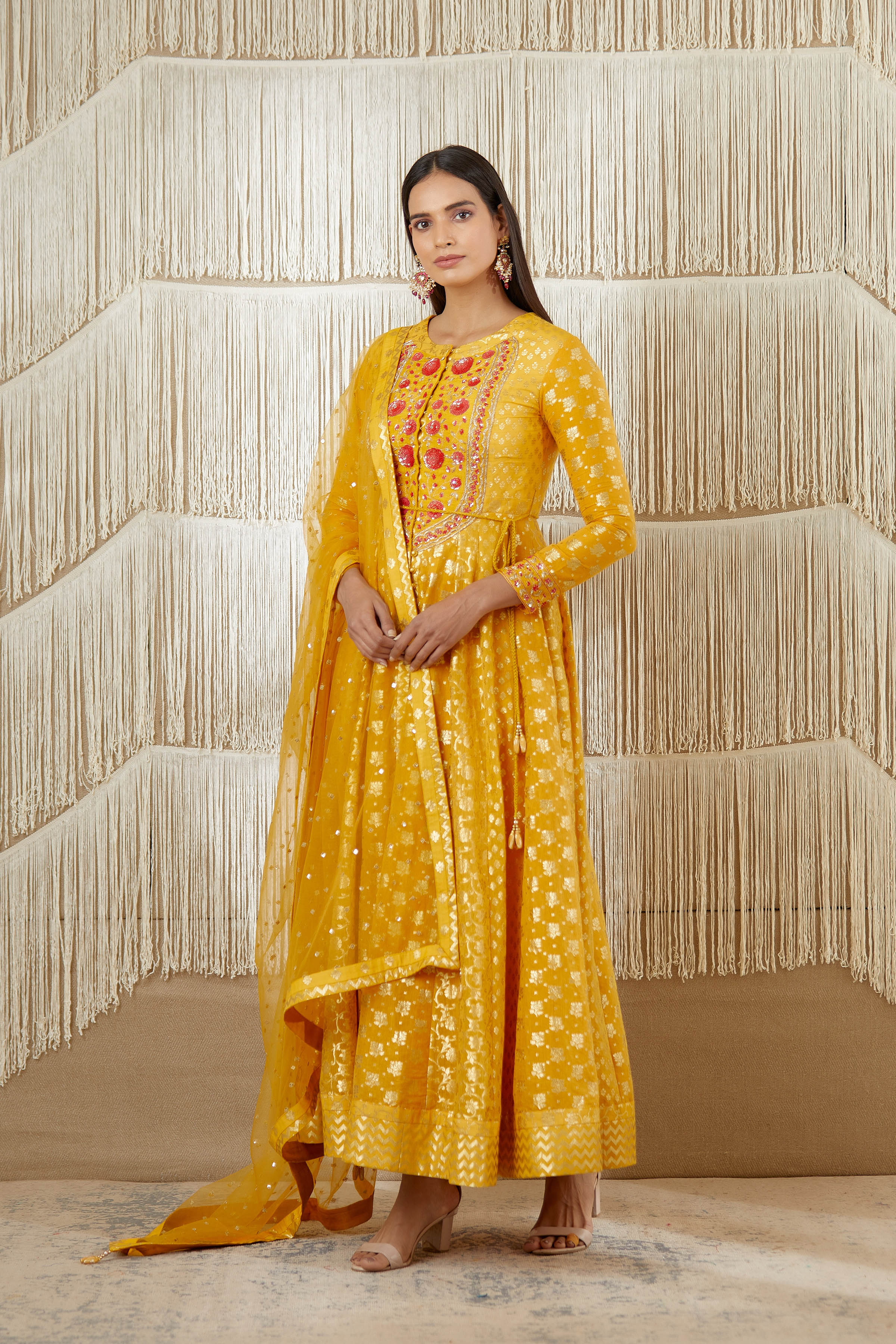 Mustard Anarkali set.