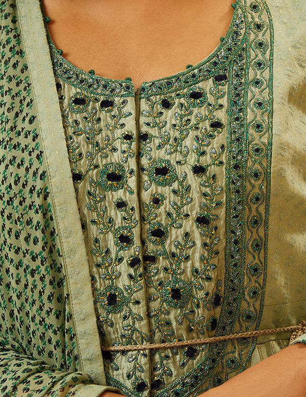 Printed Green Anarkali Set- close view 