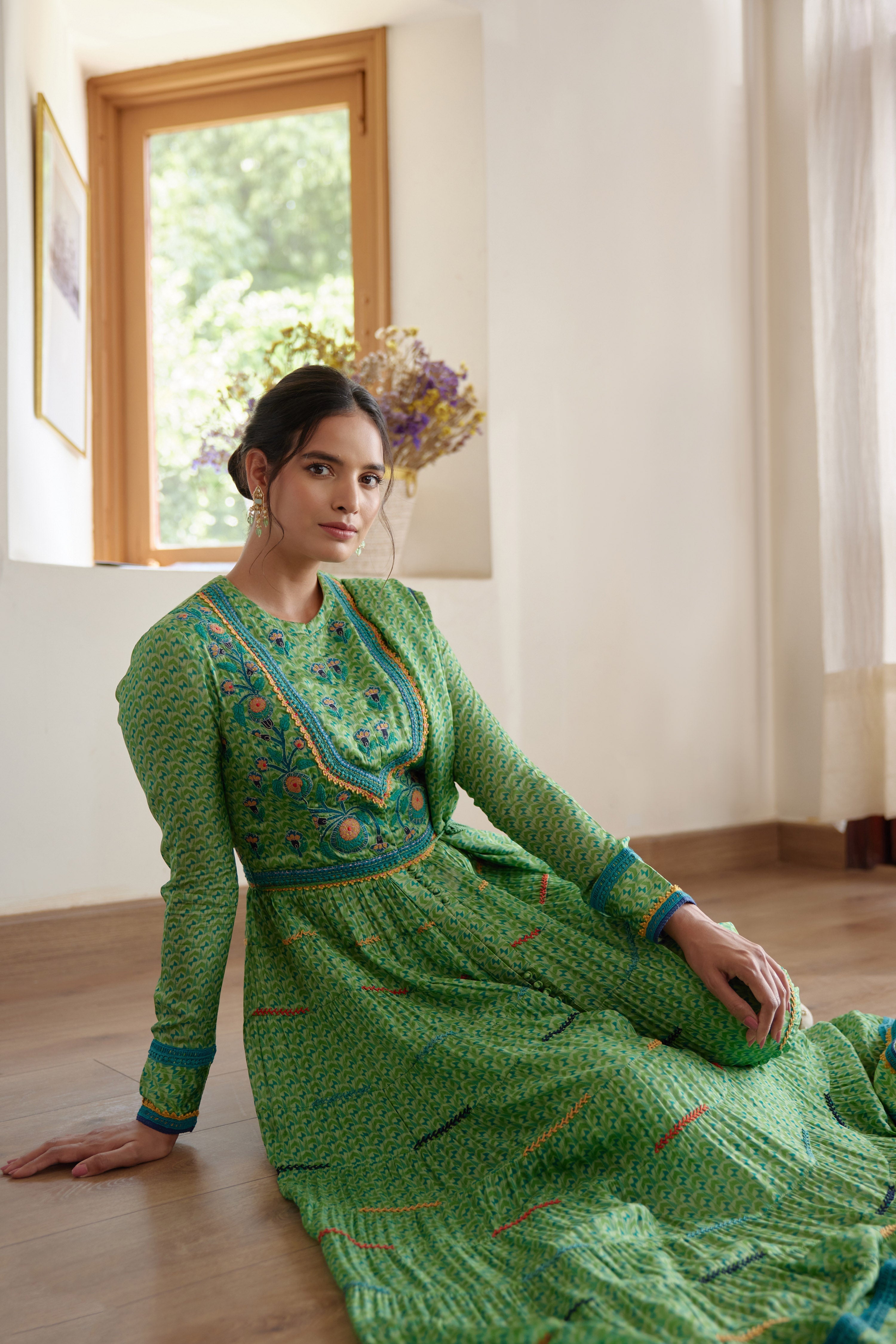Flat Chiffon Green Anarkali Set- front view