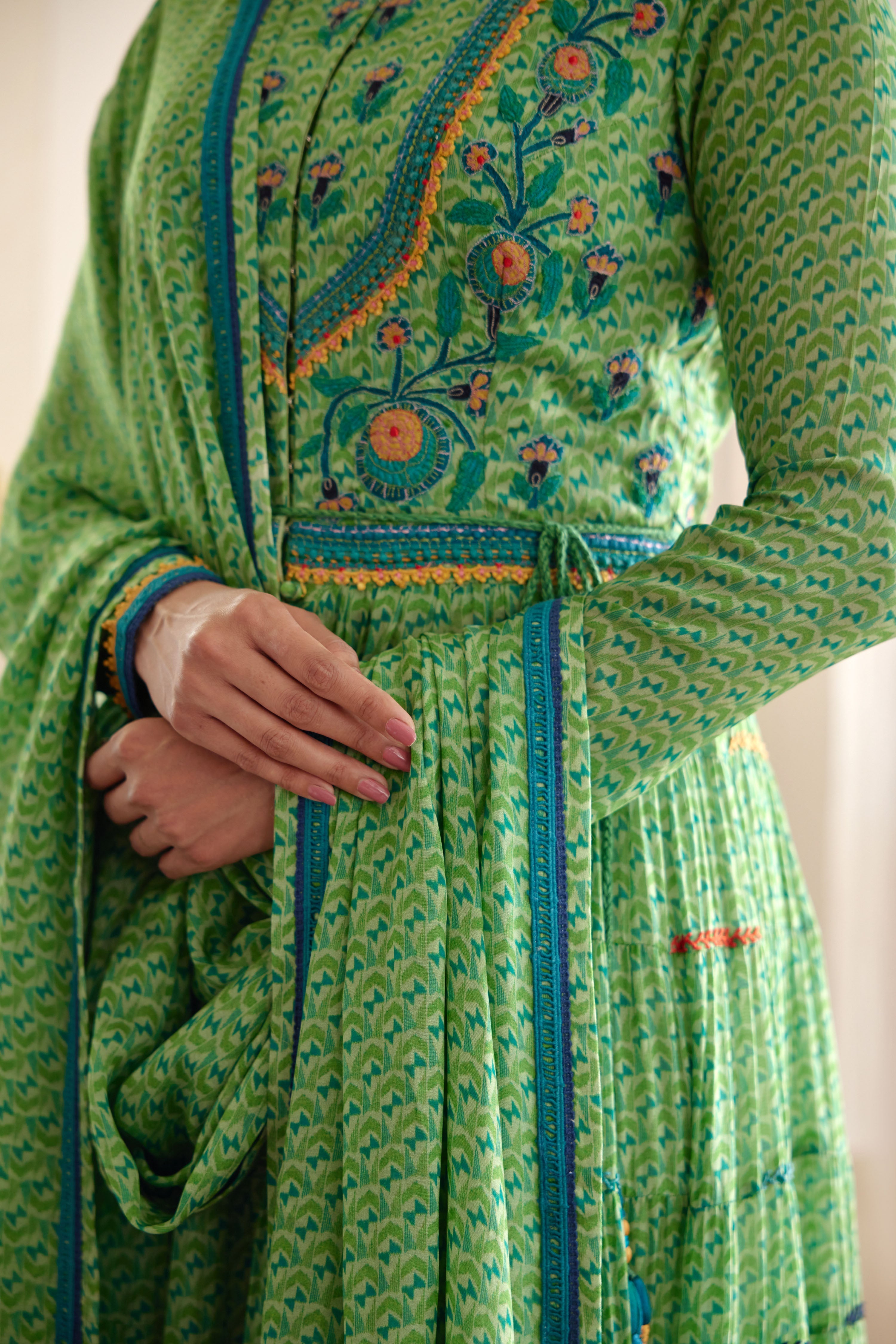 Flat Chiffon Green Anarkali Set- close view