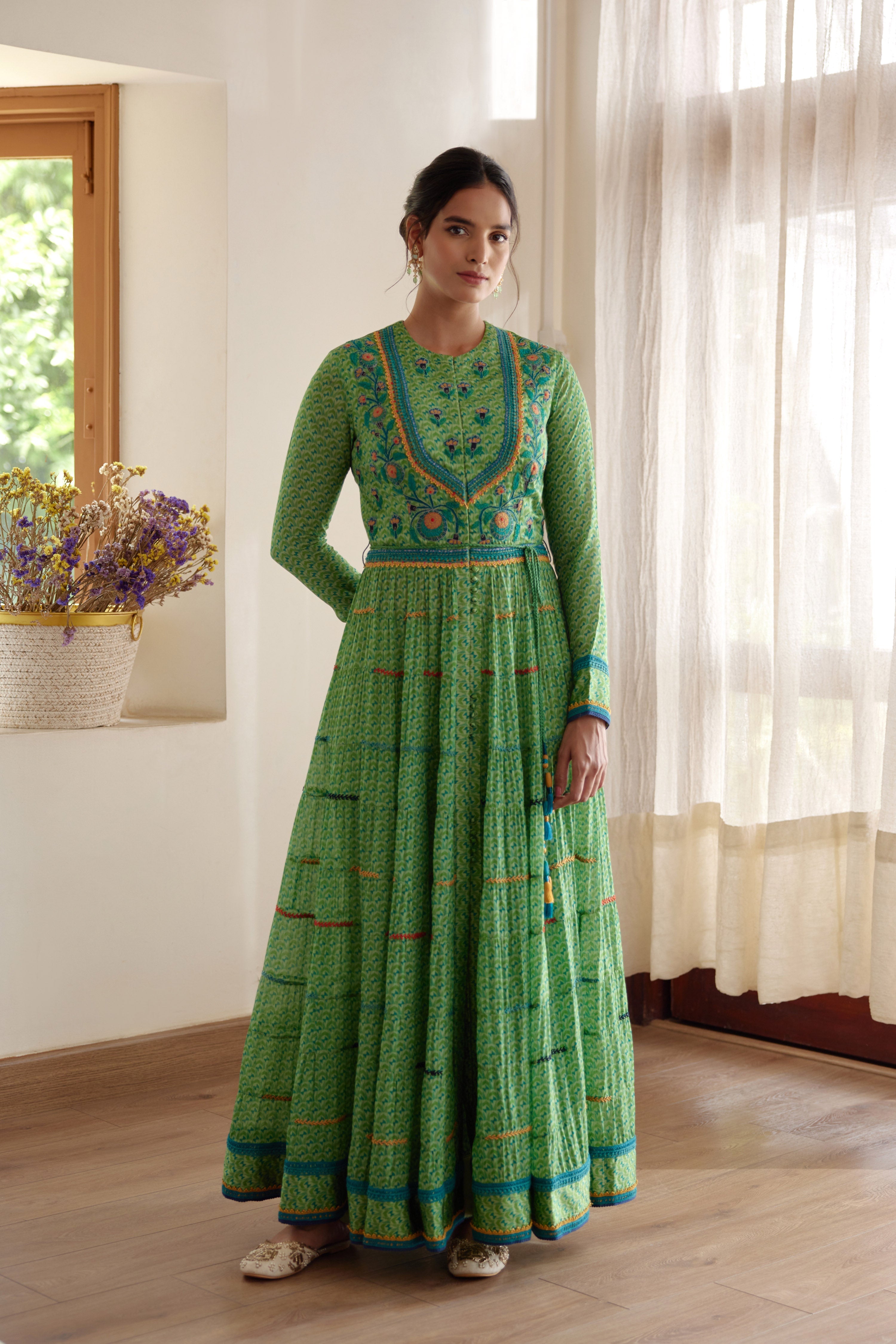 Flat Chiffon Green Anarkali Set- front view