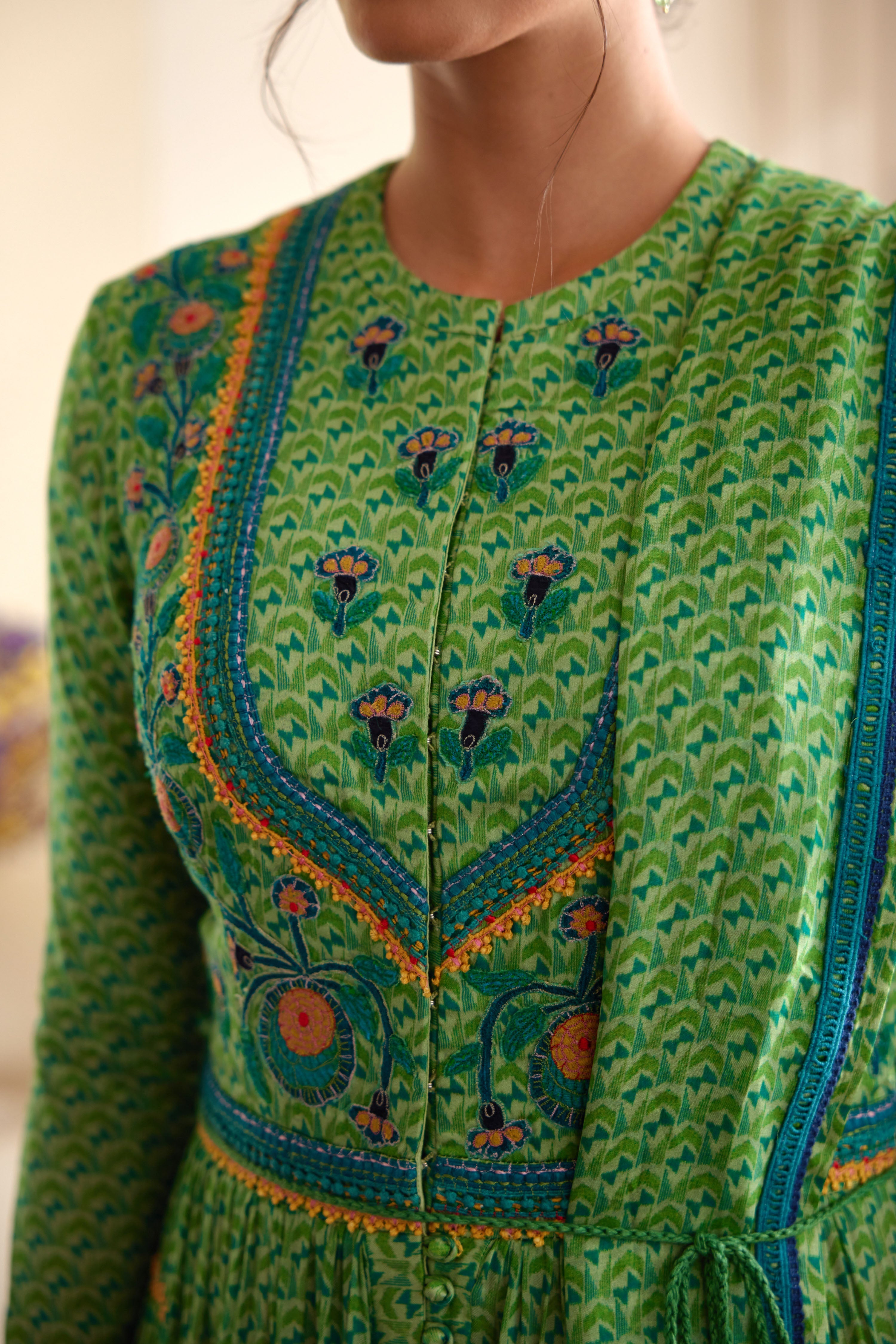 Flat Chiffon Green Anarkali Set- close view