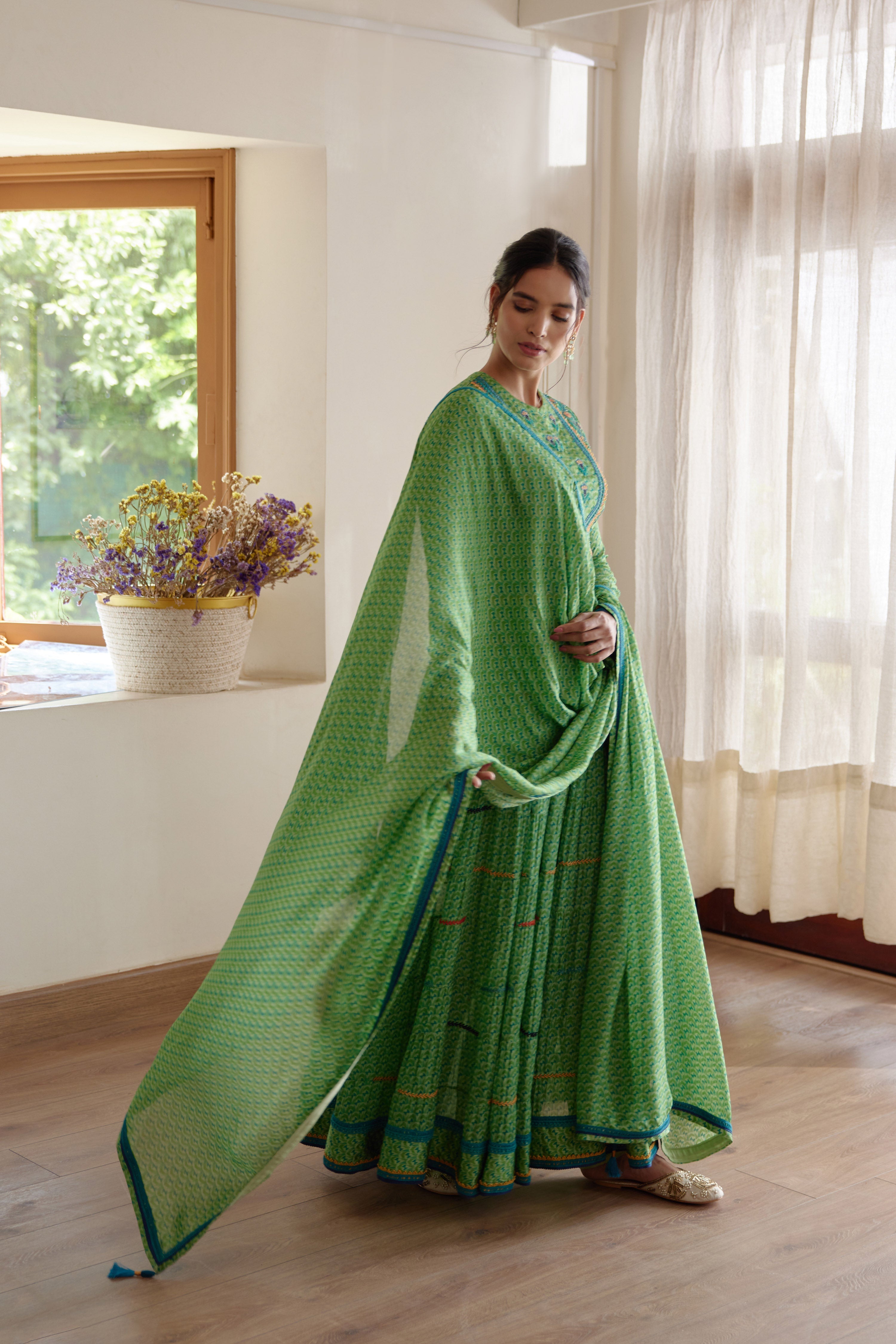 Flat Chiffon Green Anarkali Set- side view