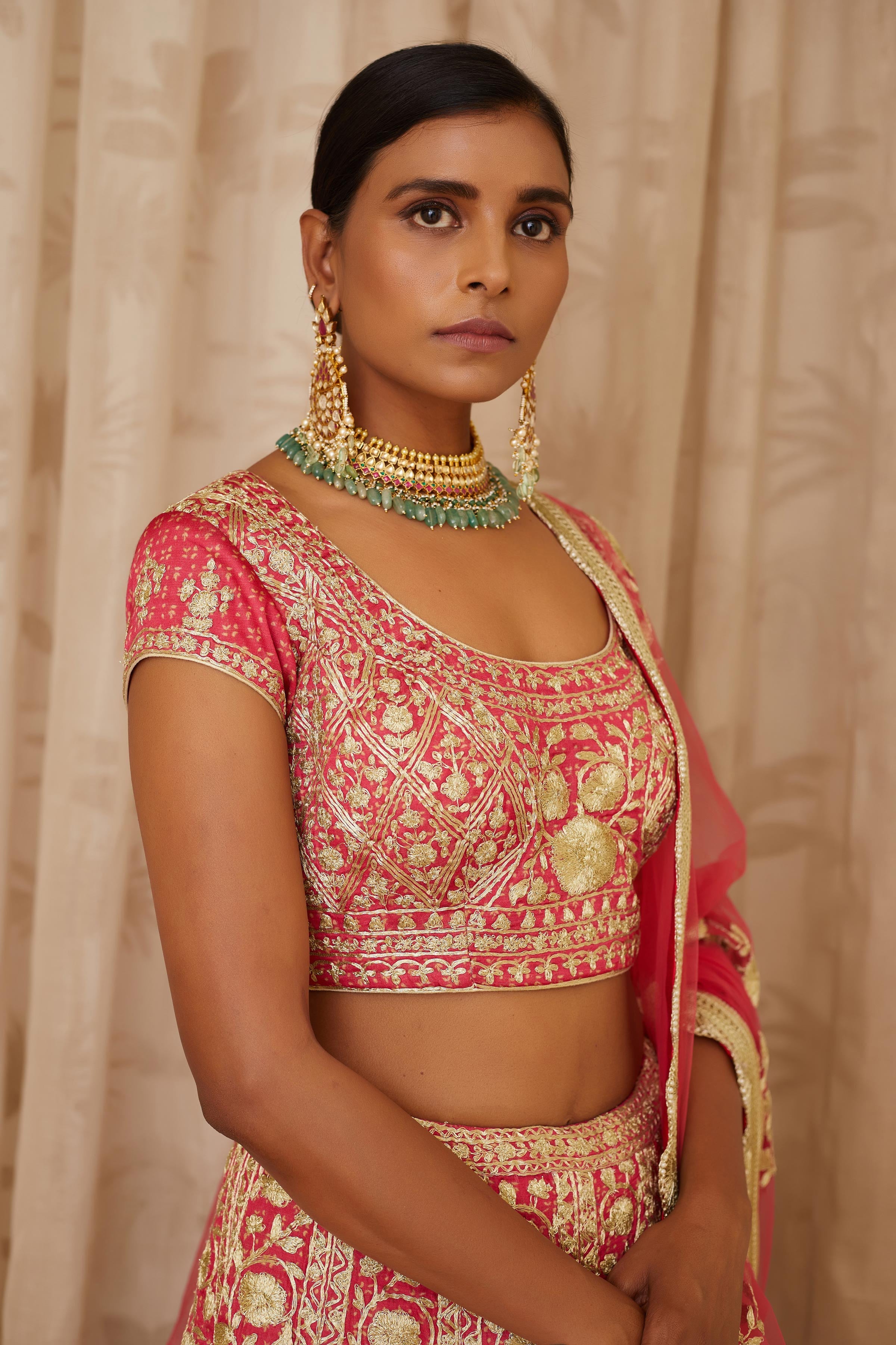 Coral Block Printed Lehenga Set- close view