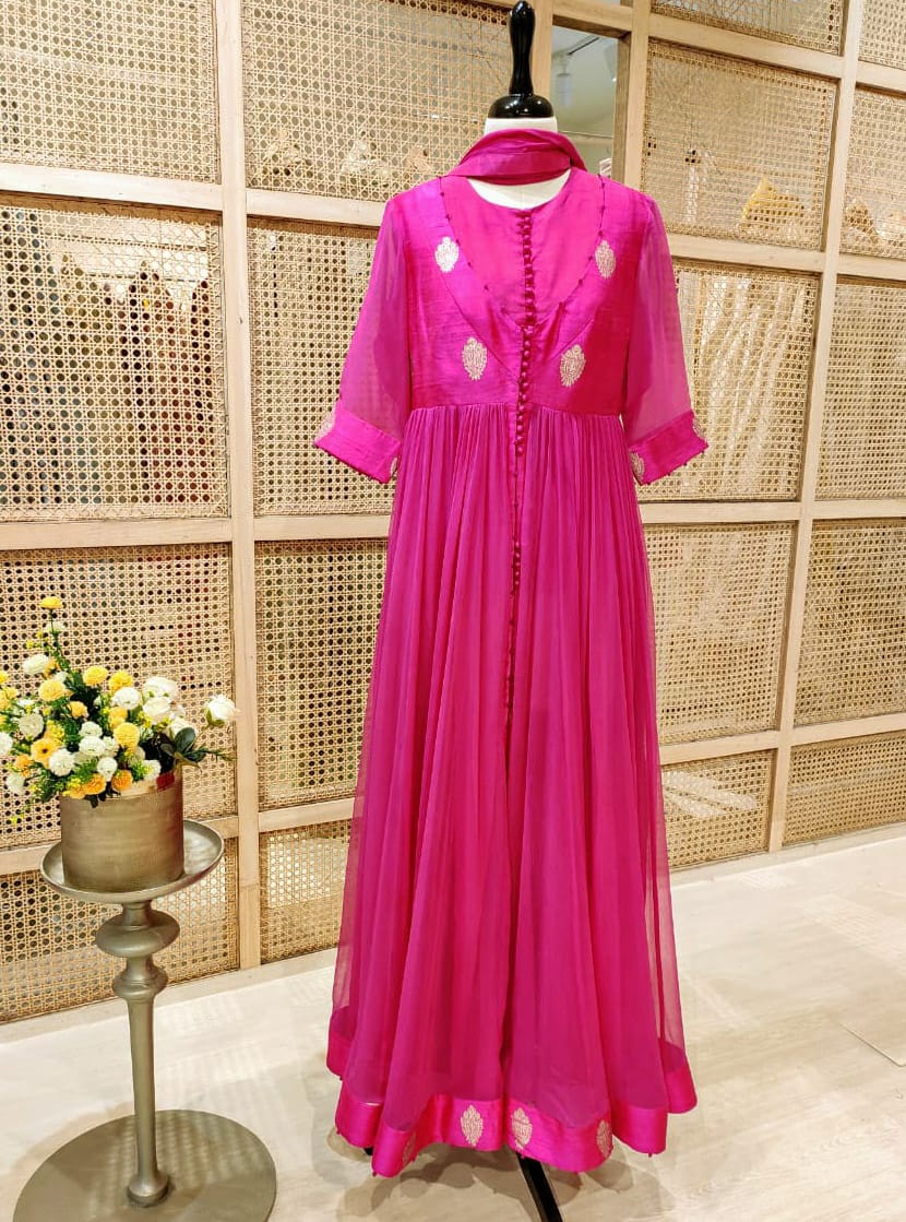 Chiffon Fuchsia Anarkali Set- front view