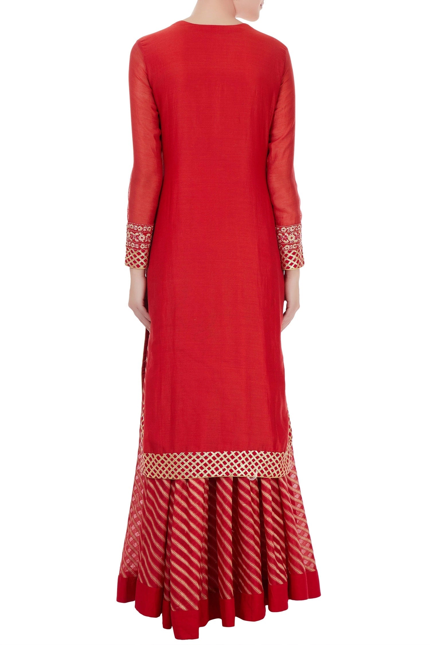 Red kurta with lehenga set.