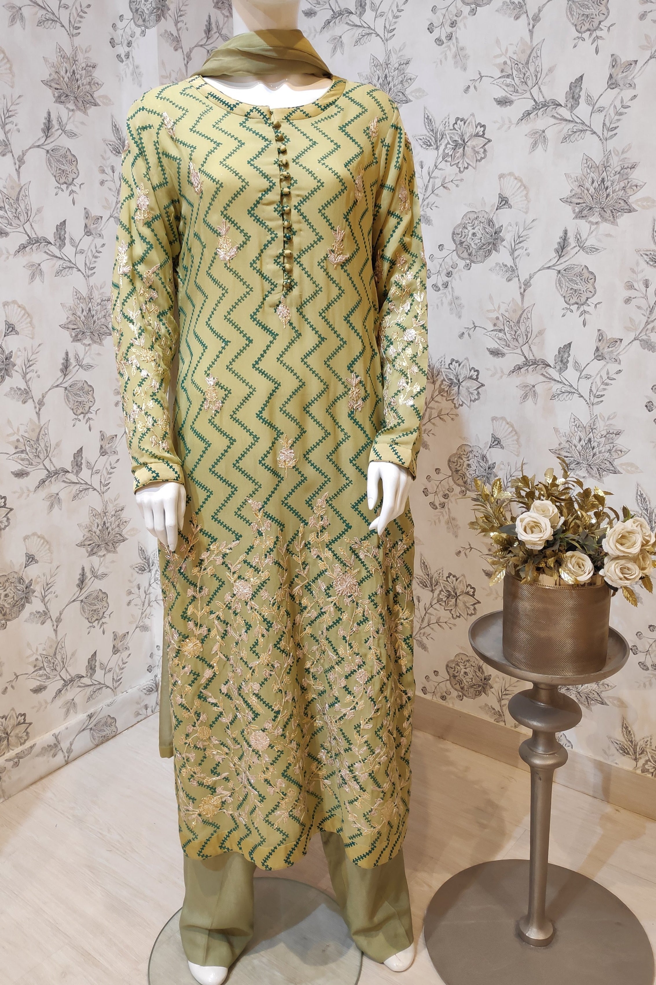 Green Gota Embroidered Kurta Set- front view