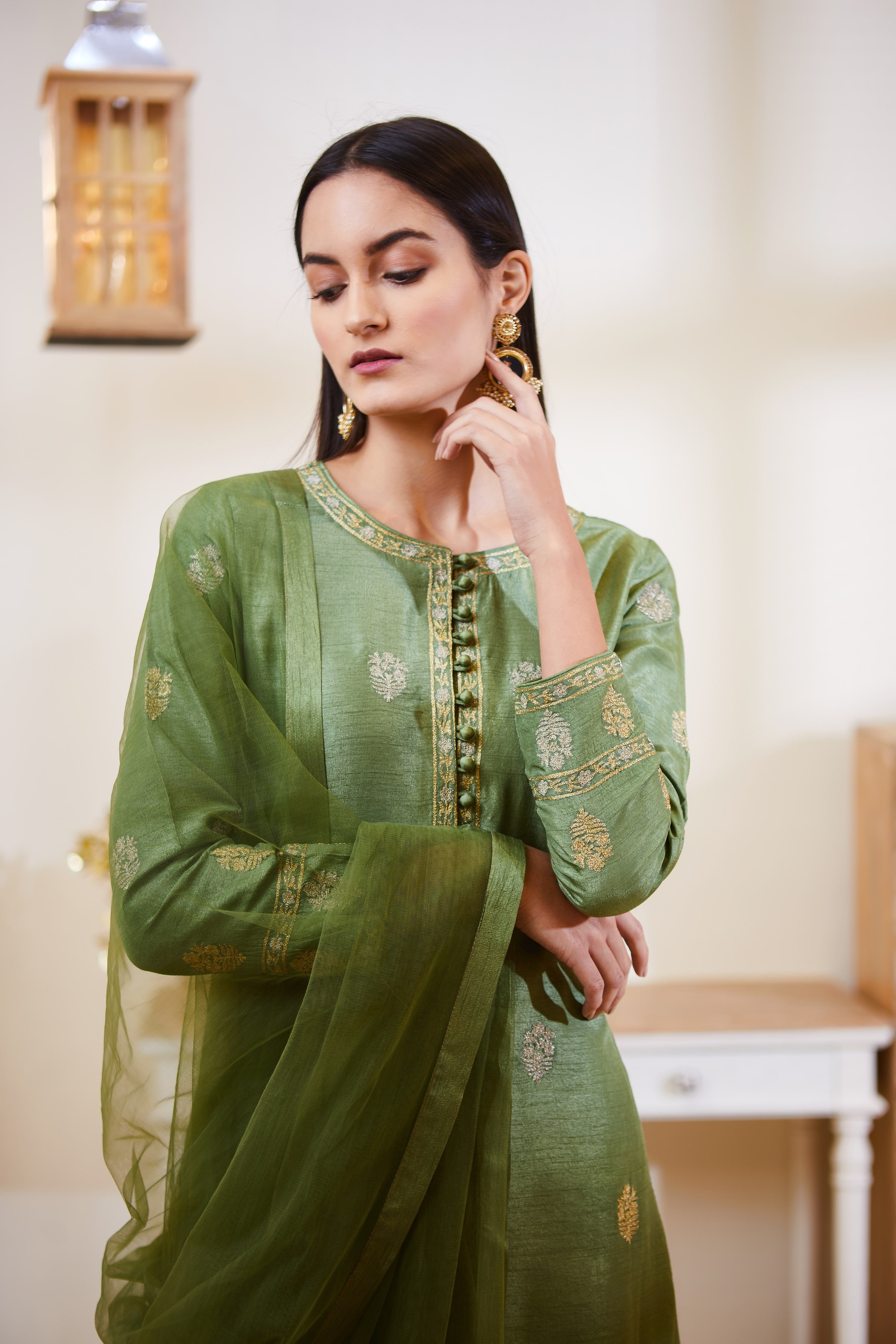 Green Zari Embroidered Kurta Set- front view