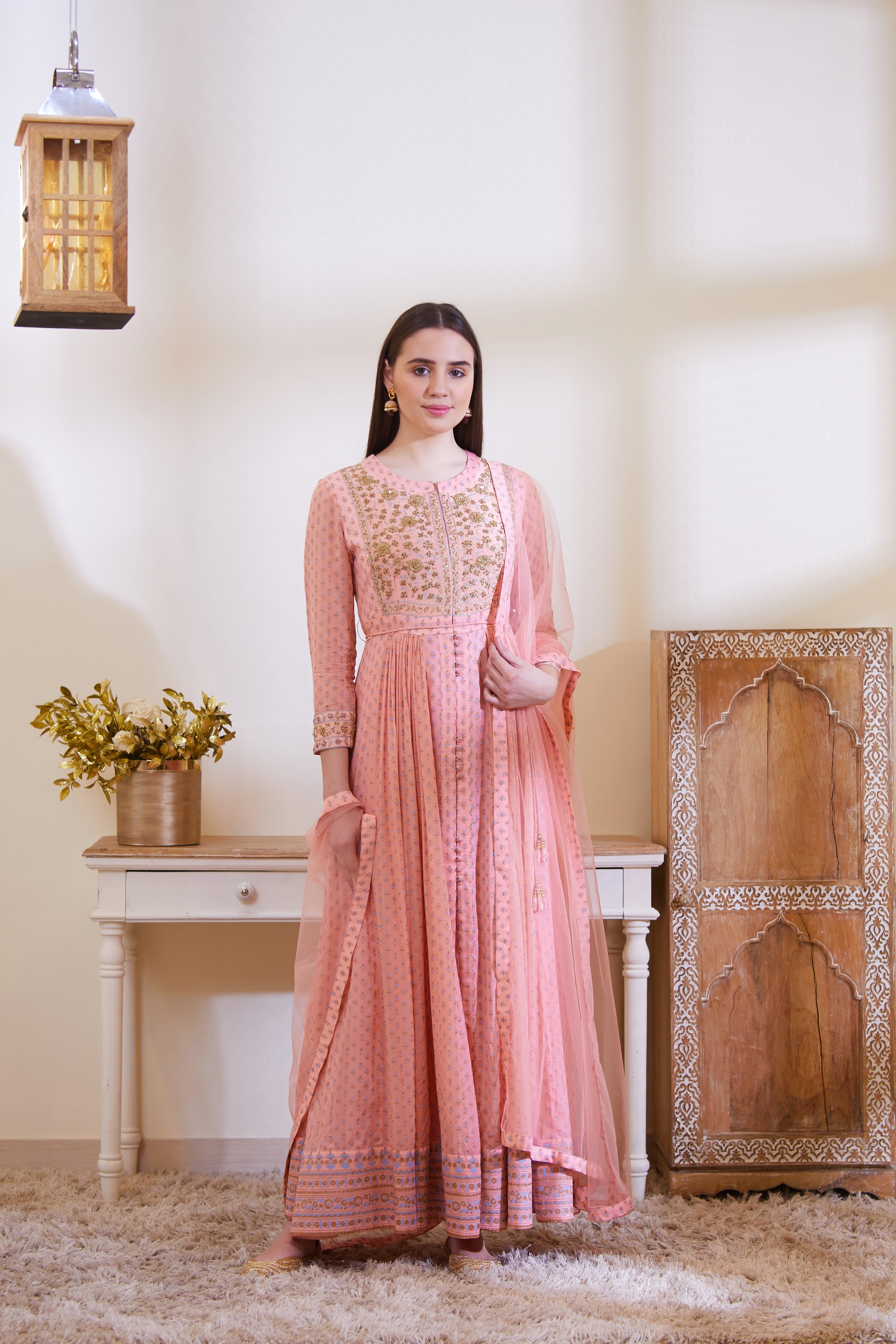 Peach Anarkali Set.