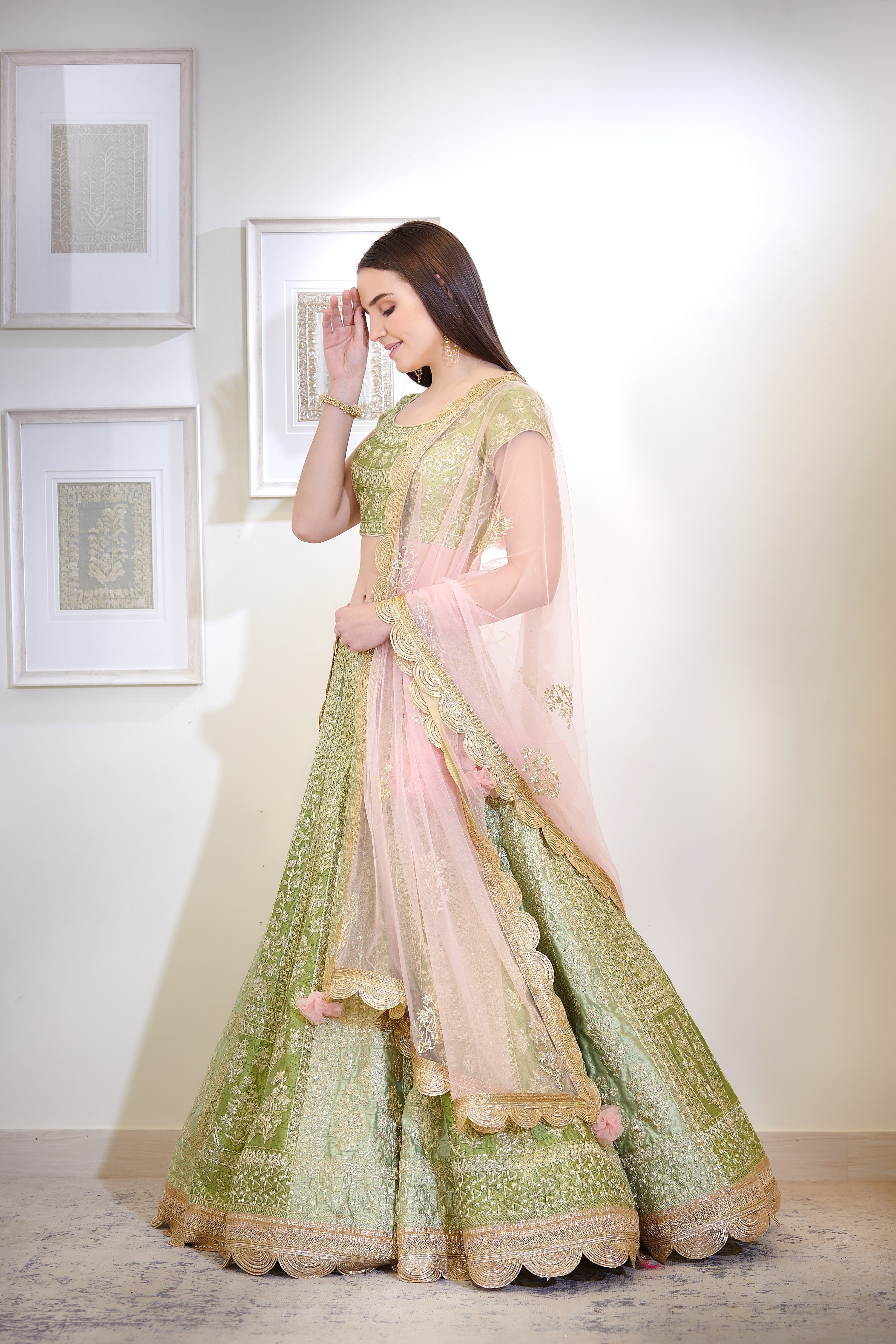 Zari Embroidered Green Lehenga Set- side view