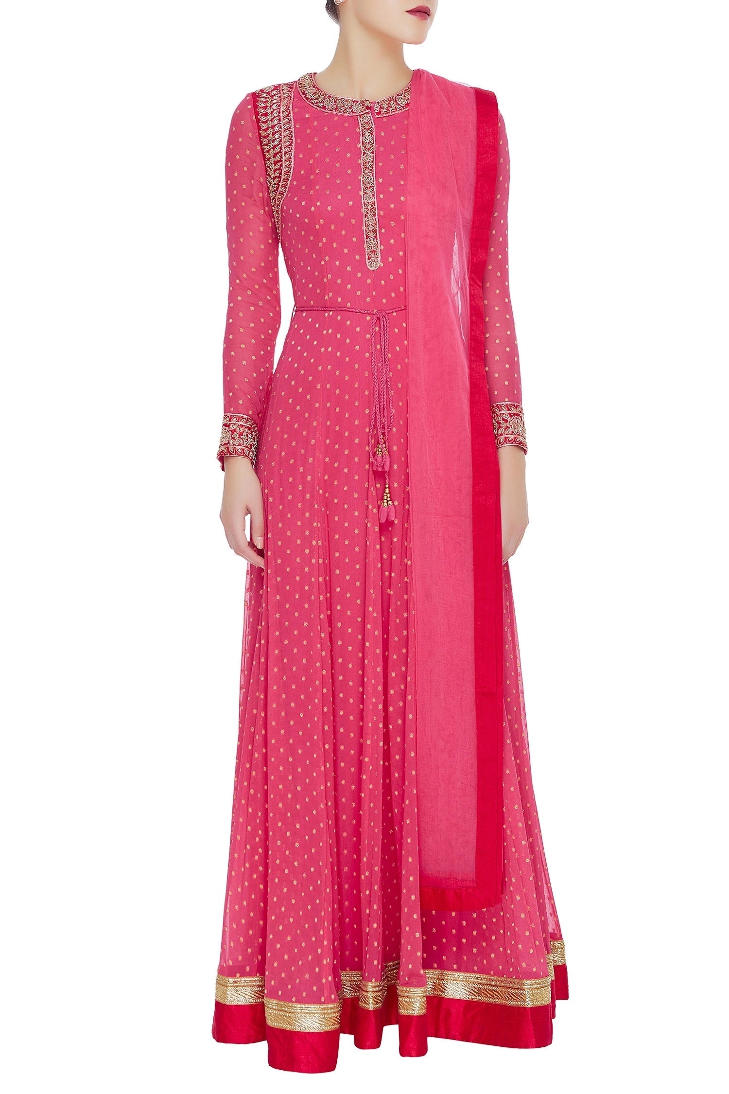 Red Silk Embroidered Anarkali Kurta Set- front view