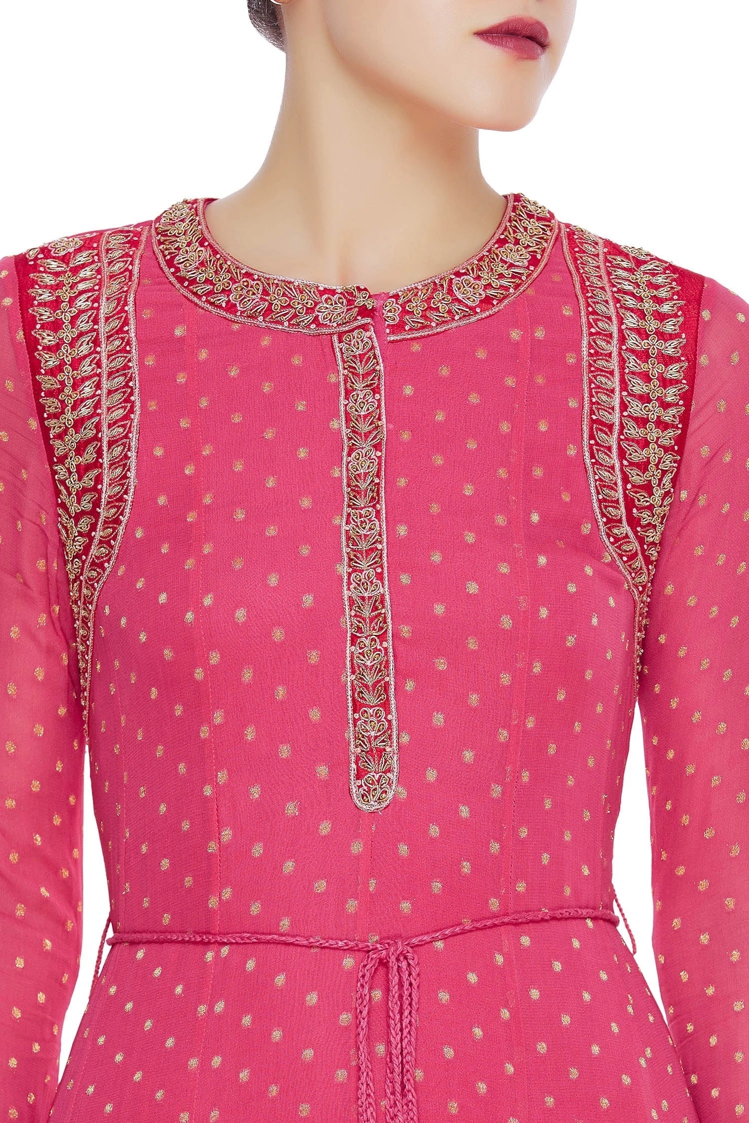Red Silk Embroidered Anarkali Kurta Set- close view
