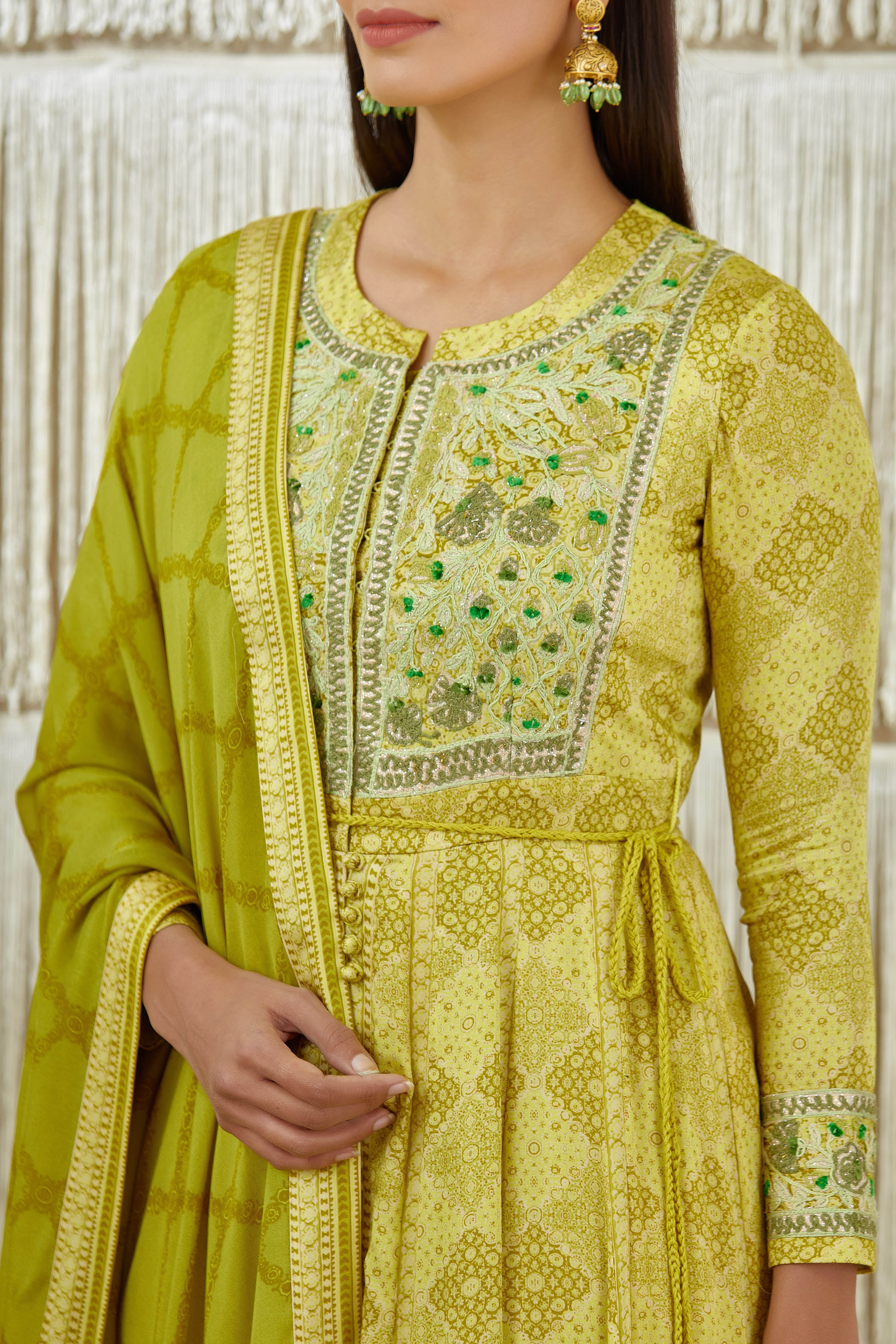 Mustard Green Anarkali set.