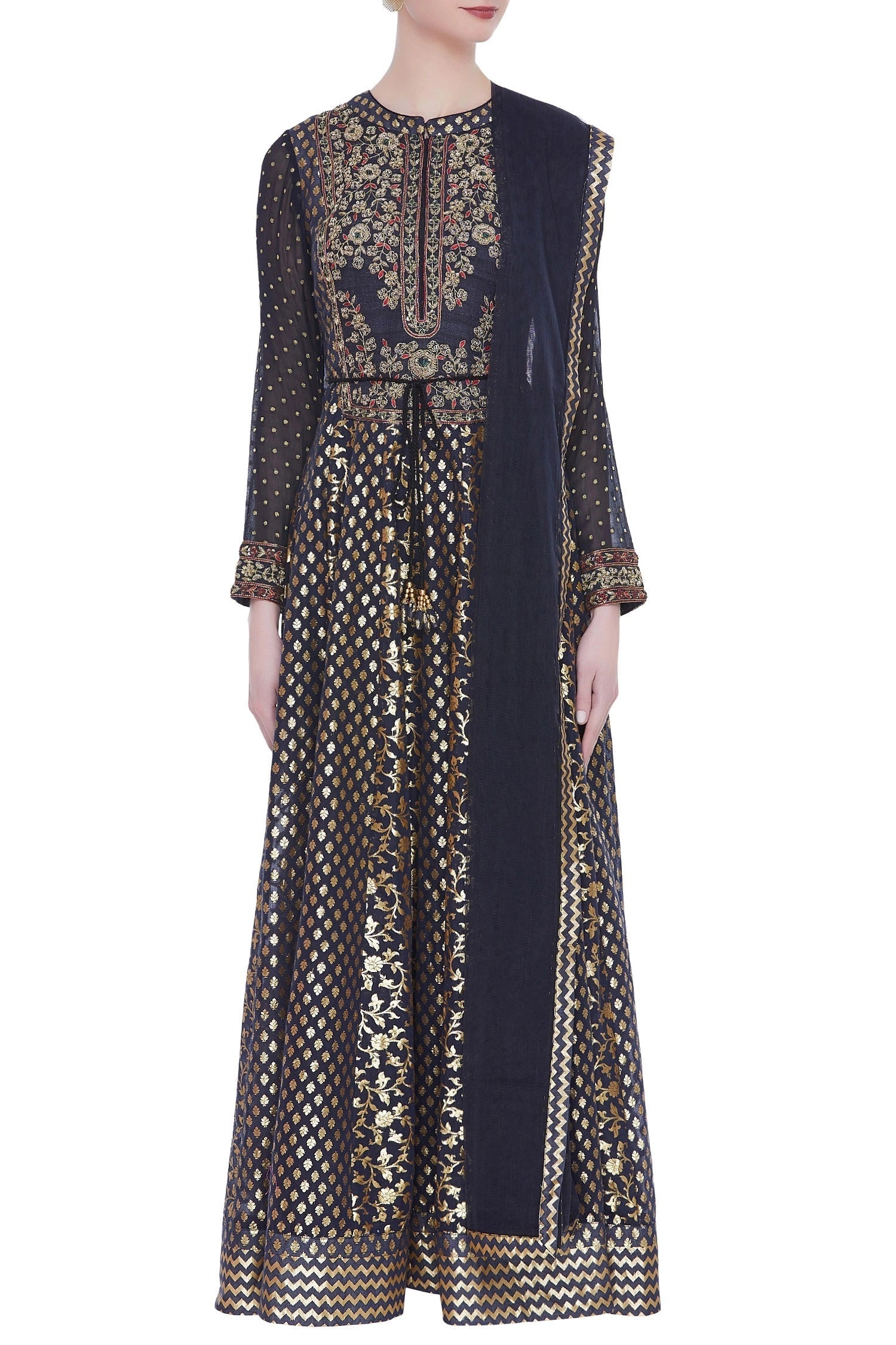 Black Embroidered kurta with churidar- front view