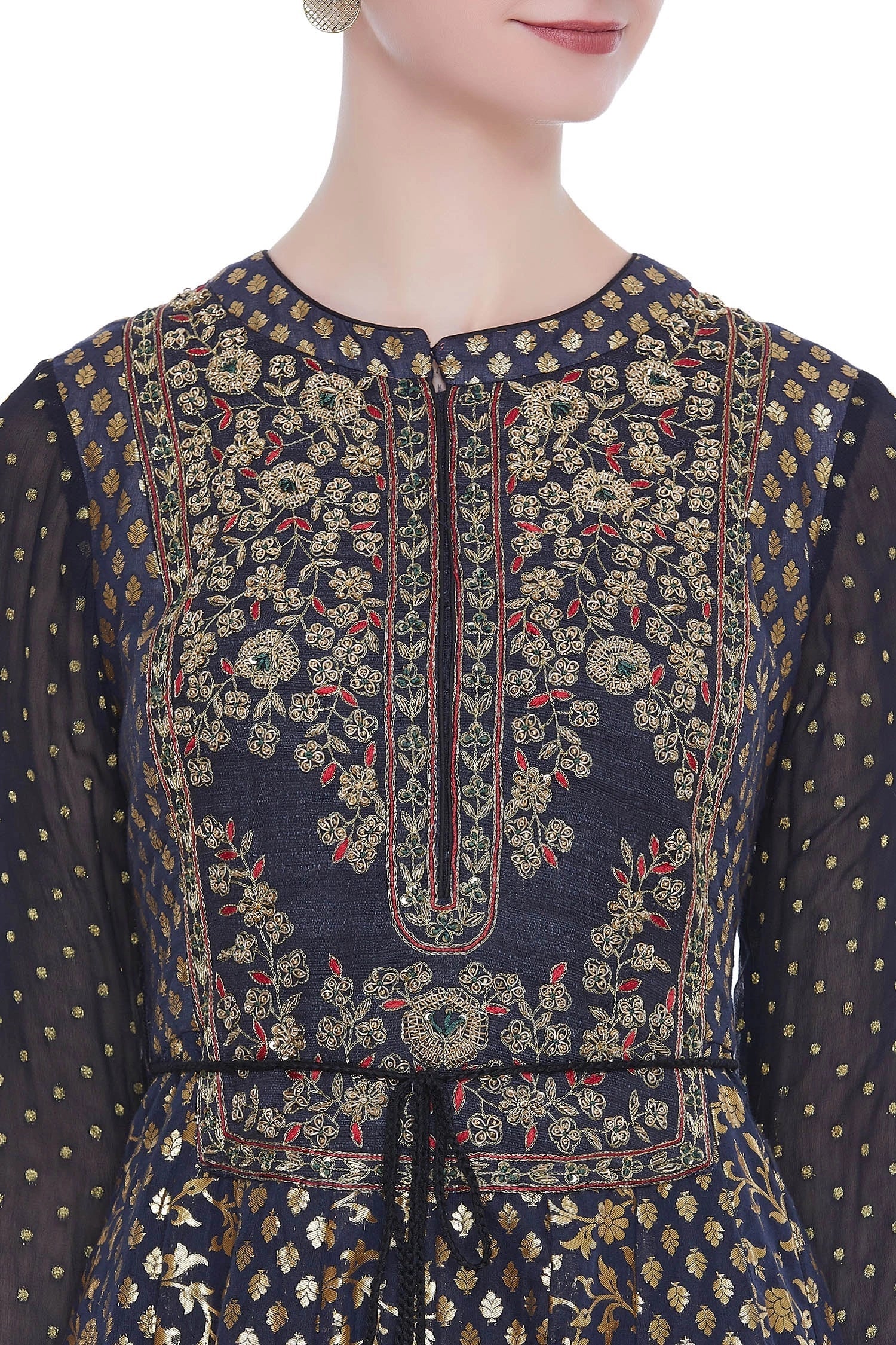 Black Embroidered kurta with churidar- close view