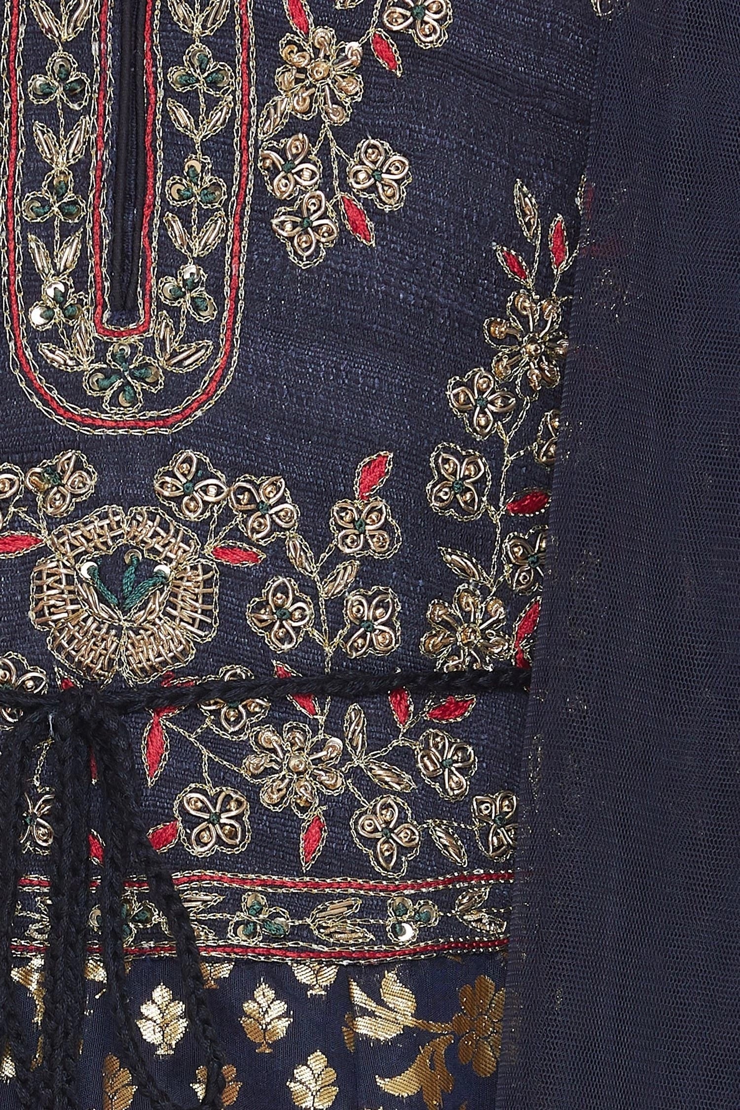 Black Embroidered kurta with churidar- close view