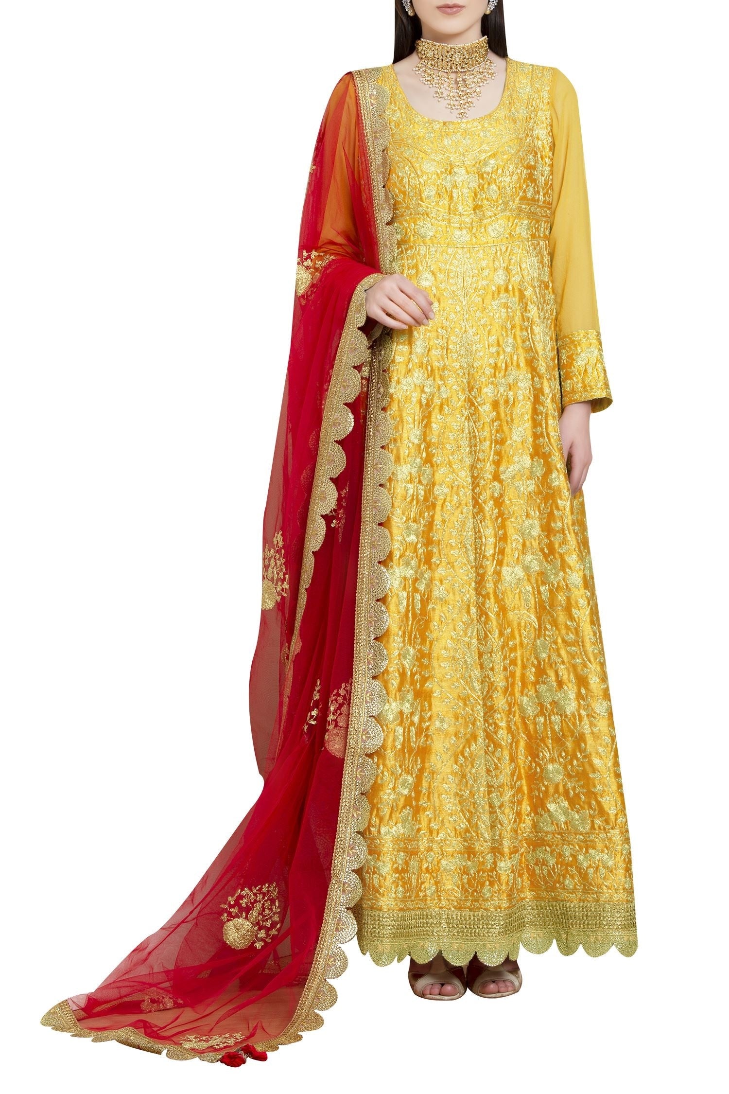 Dori Embroidered Yellow Anarkali Set- front view