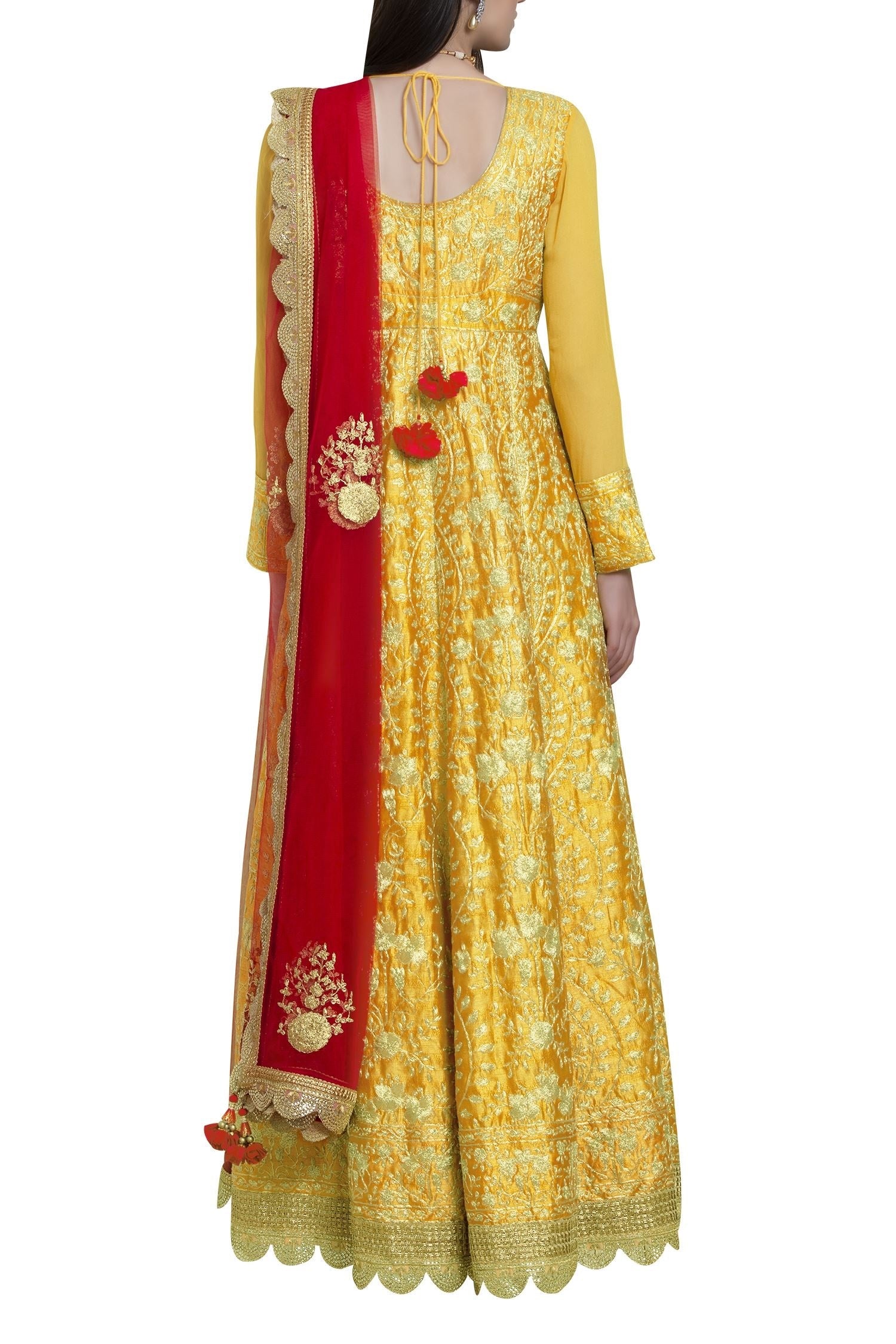 Dori Embroidered Yellow Anarkali Set- back view