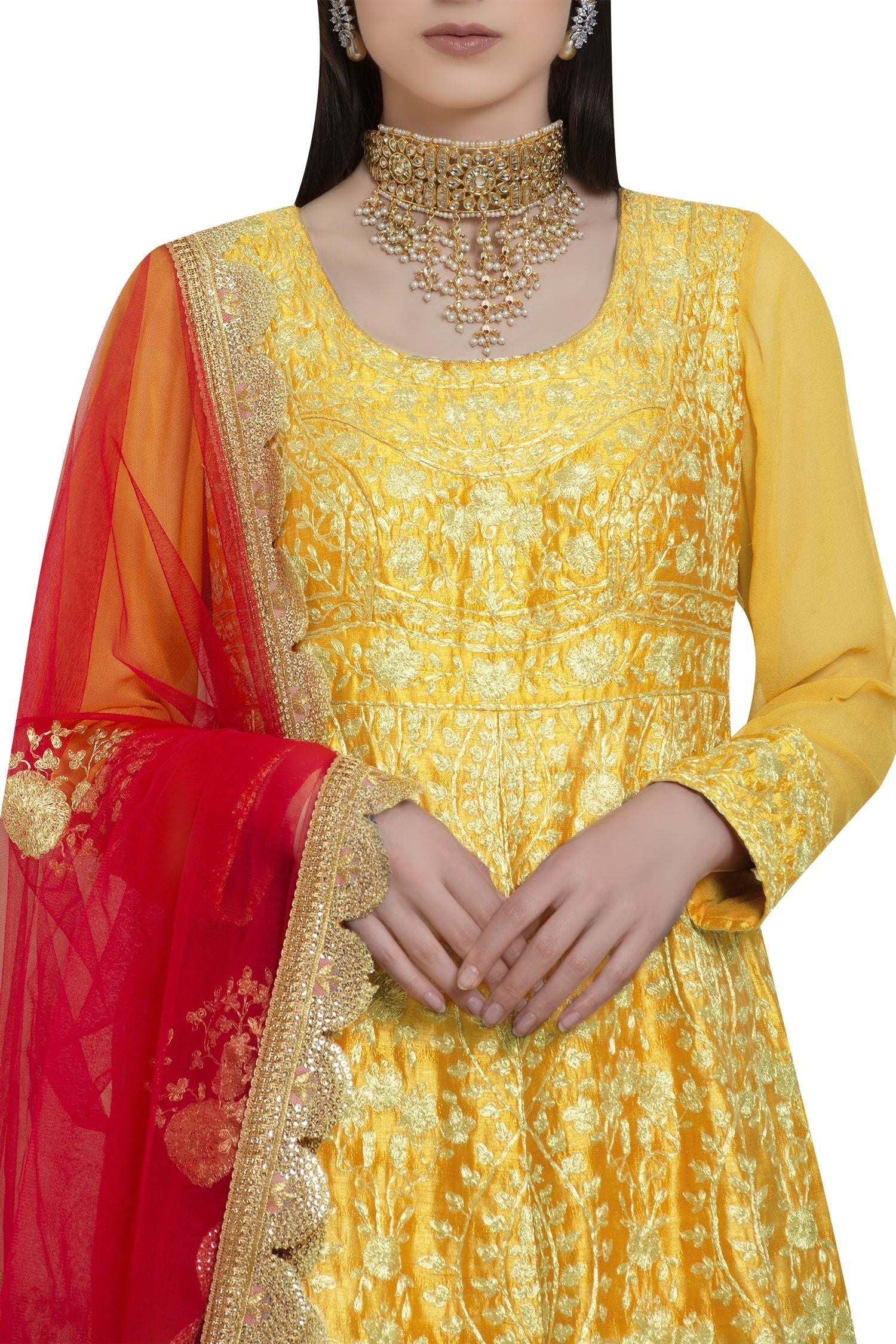 Dori Embroidered Yellow Anarkali Set- close view