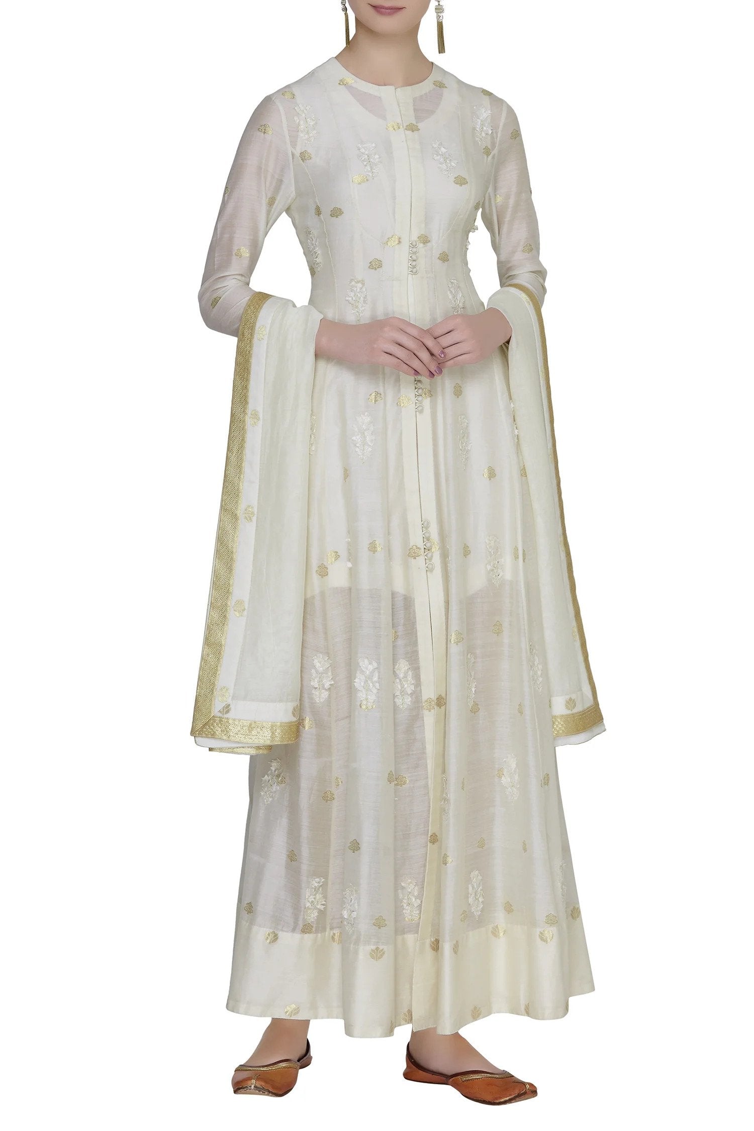 Off White Anarkali & Dupatta Set- front view