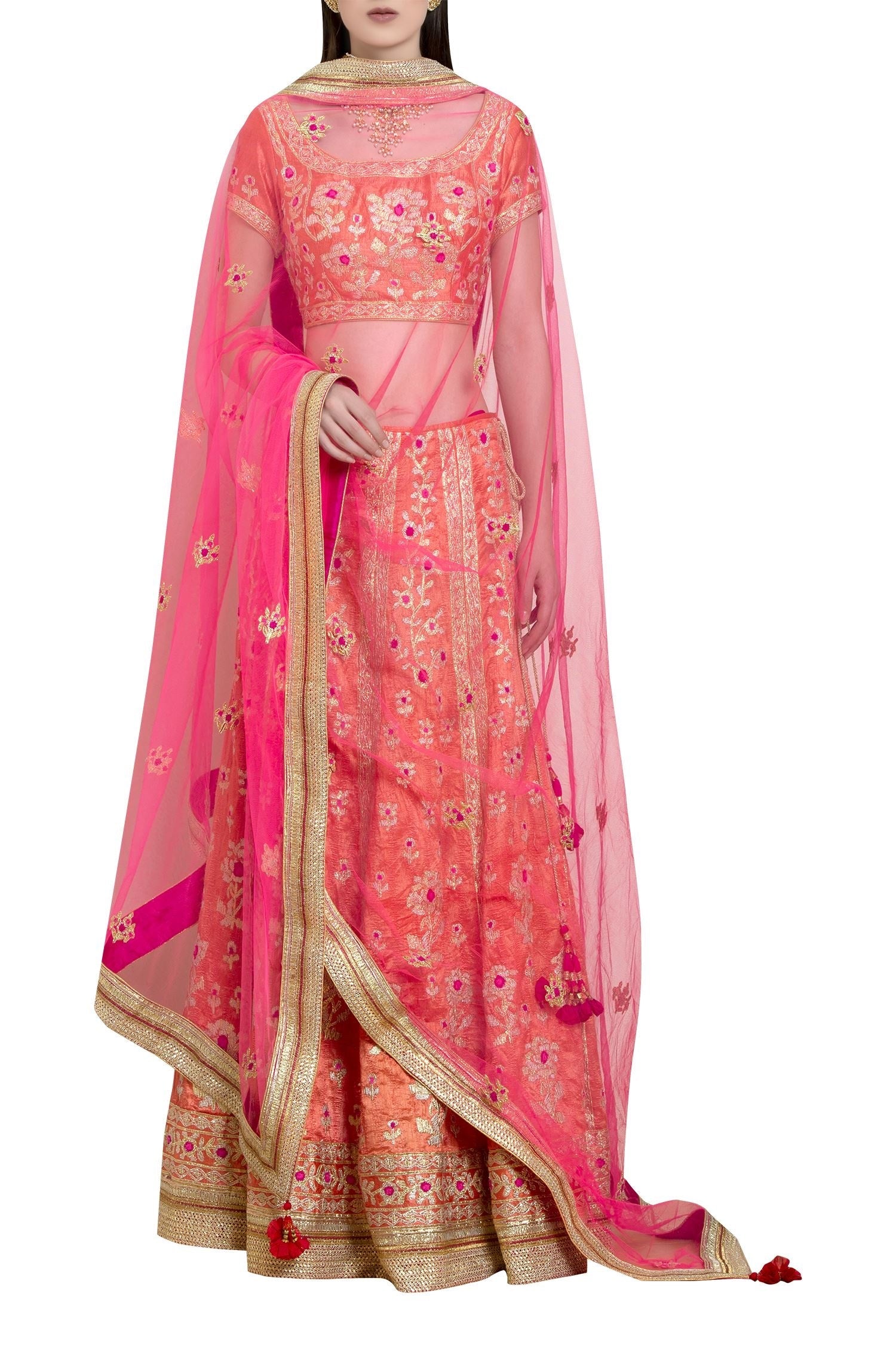Coral & Pink Lehenga Set- front view