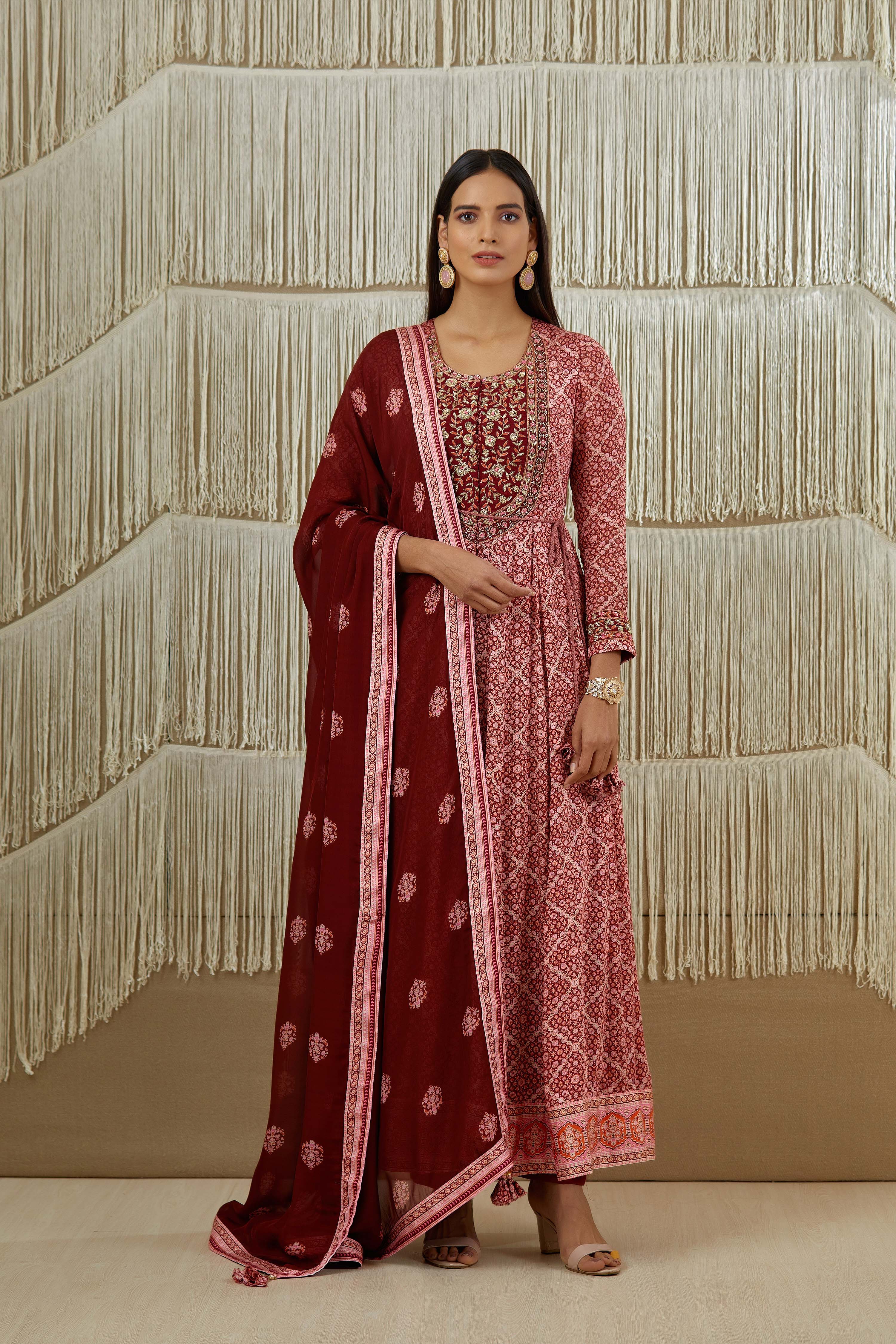 Dark Maroon Anarkali set- front view