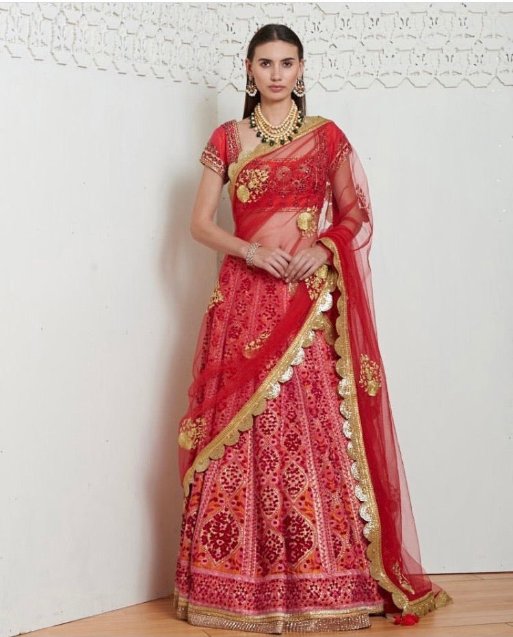 Raw silk &amp; velvet zardozi embroidered lehenga set