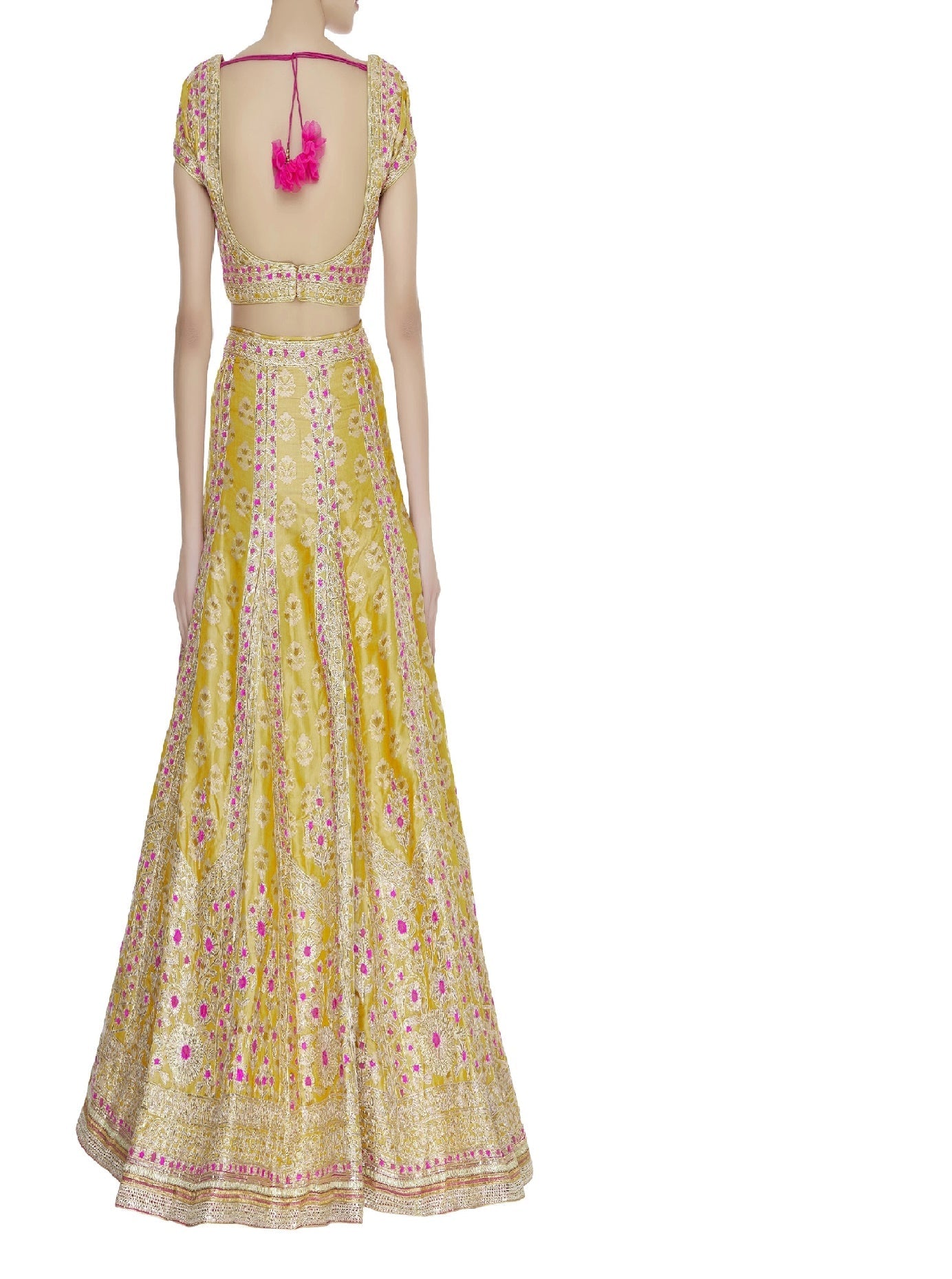 Yellow Jacquard Lehenga Set- back view