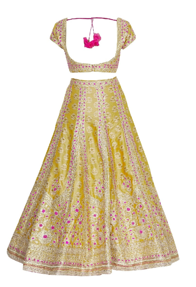 Yellow Jacquard Lehenga Set- back view