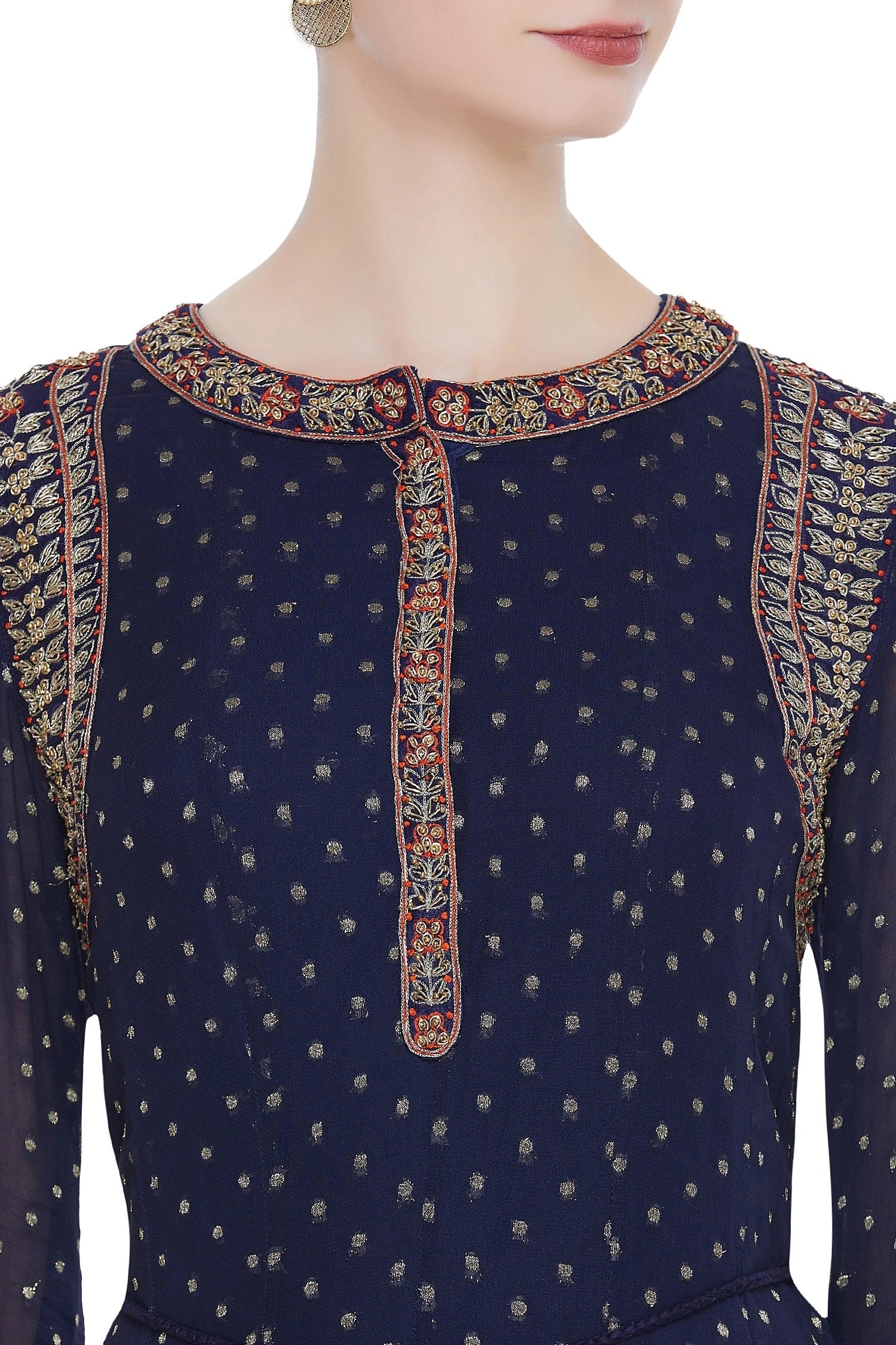 Navy Blue silk and Georgette Kurta Set- close view