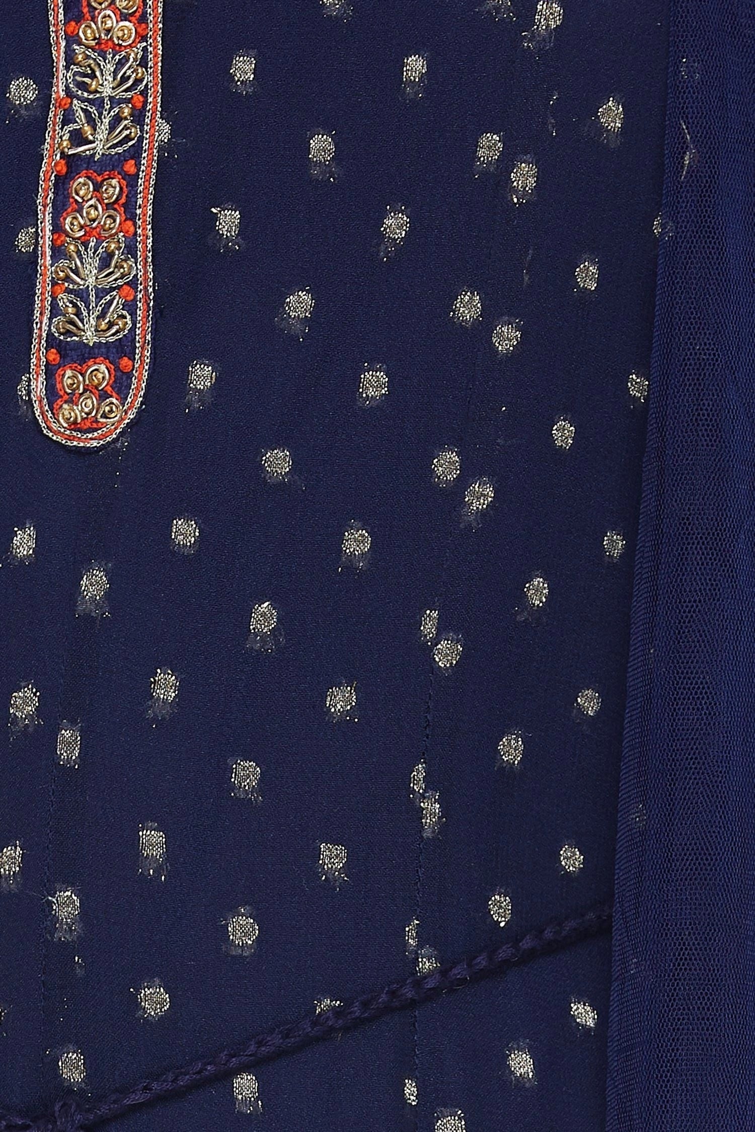 Navy Blue silk and Georgette Kurta Set- close view