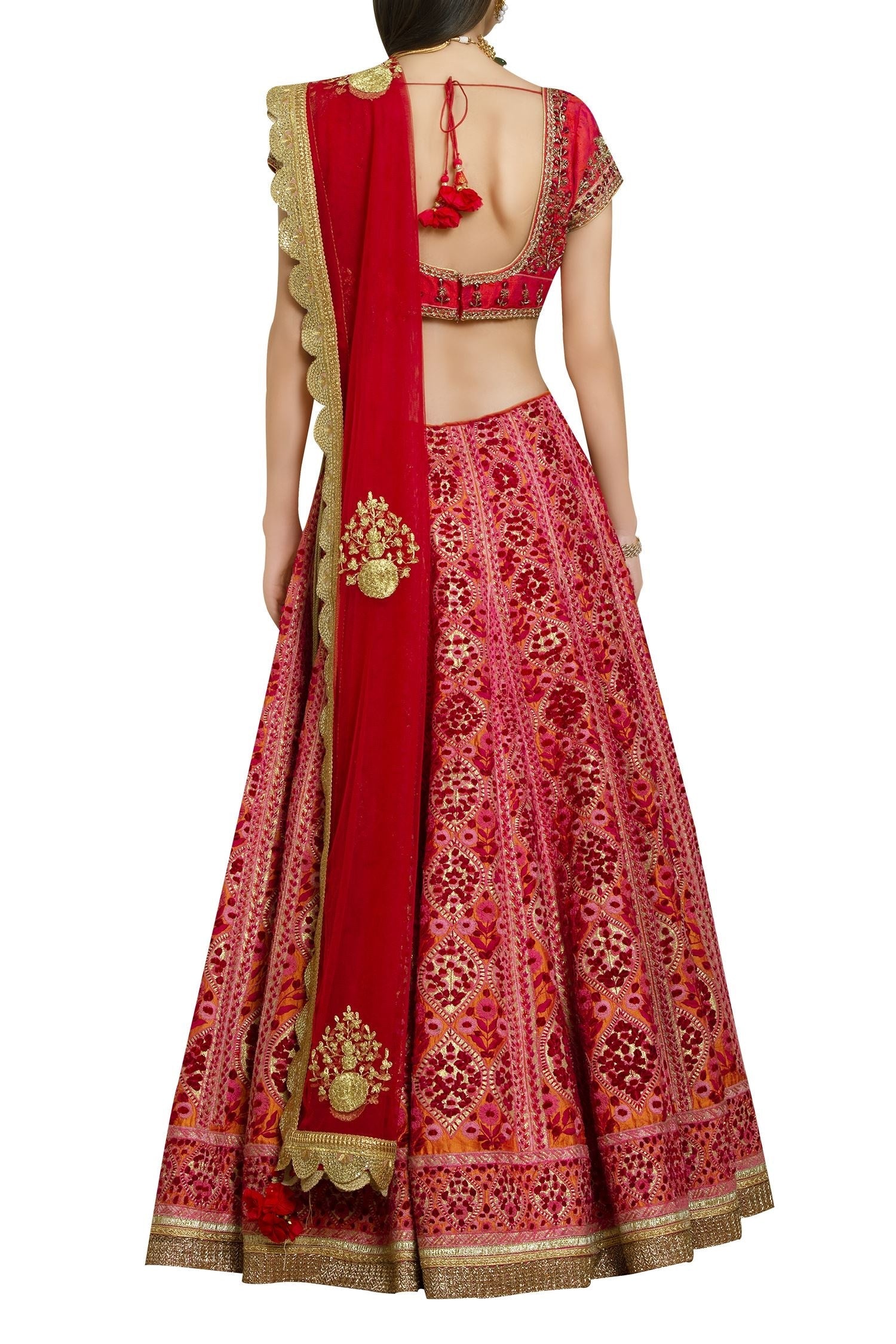 Raw silk &amp; velvet zardozi embroidered lehenga set