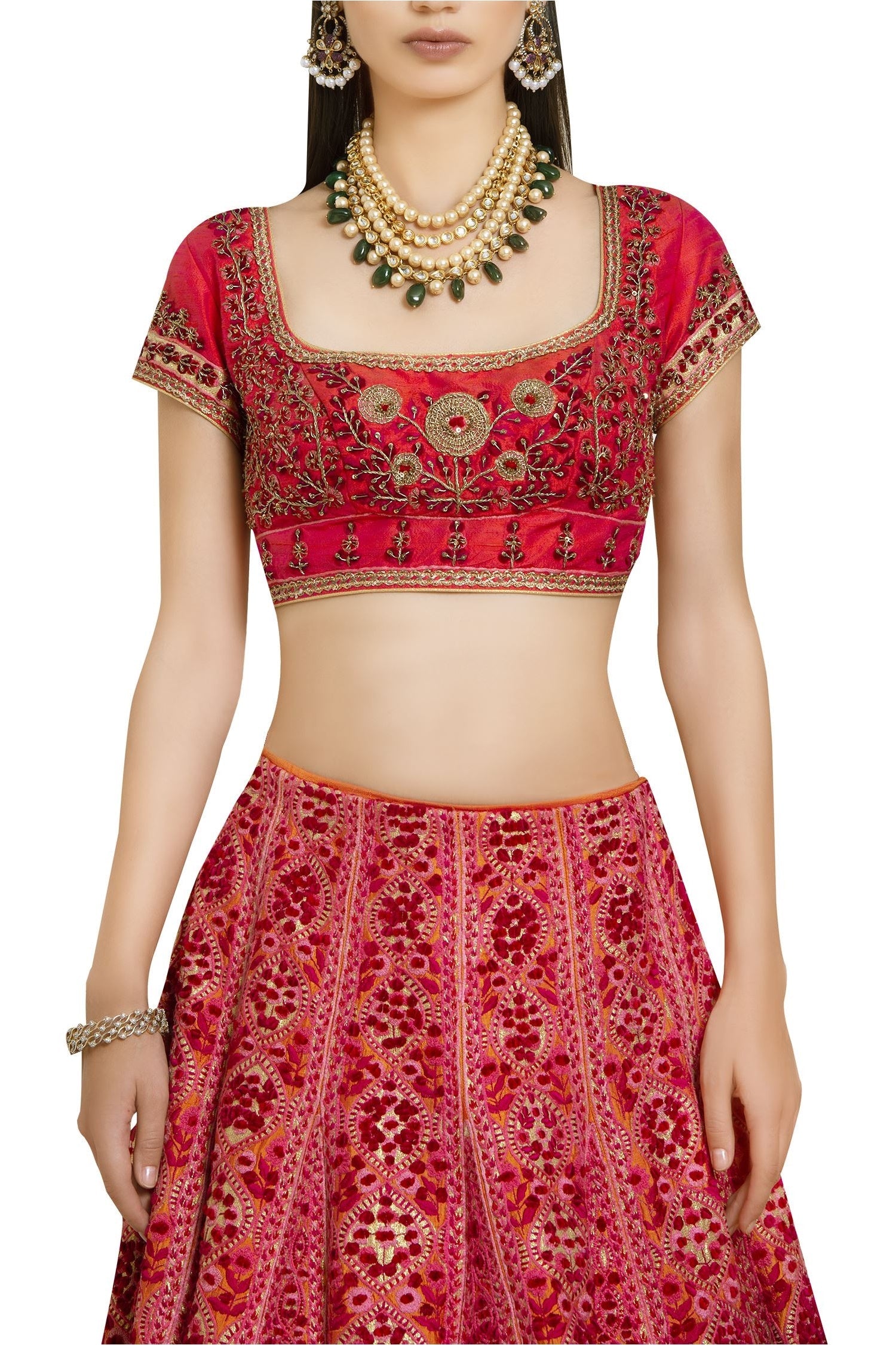 Raw silk &amp; velvet zardozi embroidered lehenga set