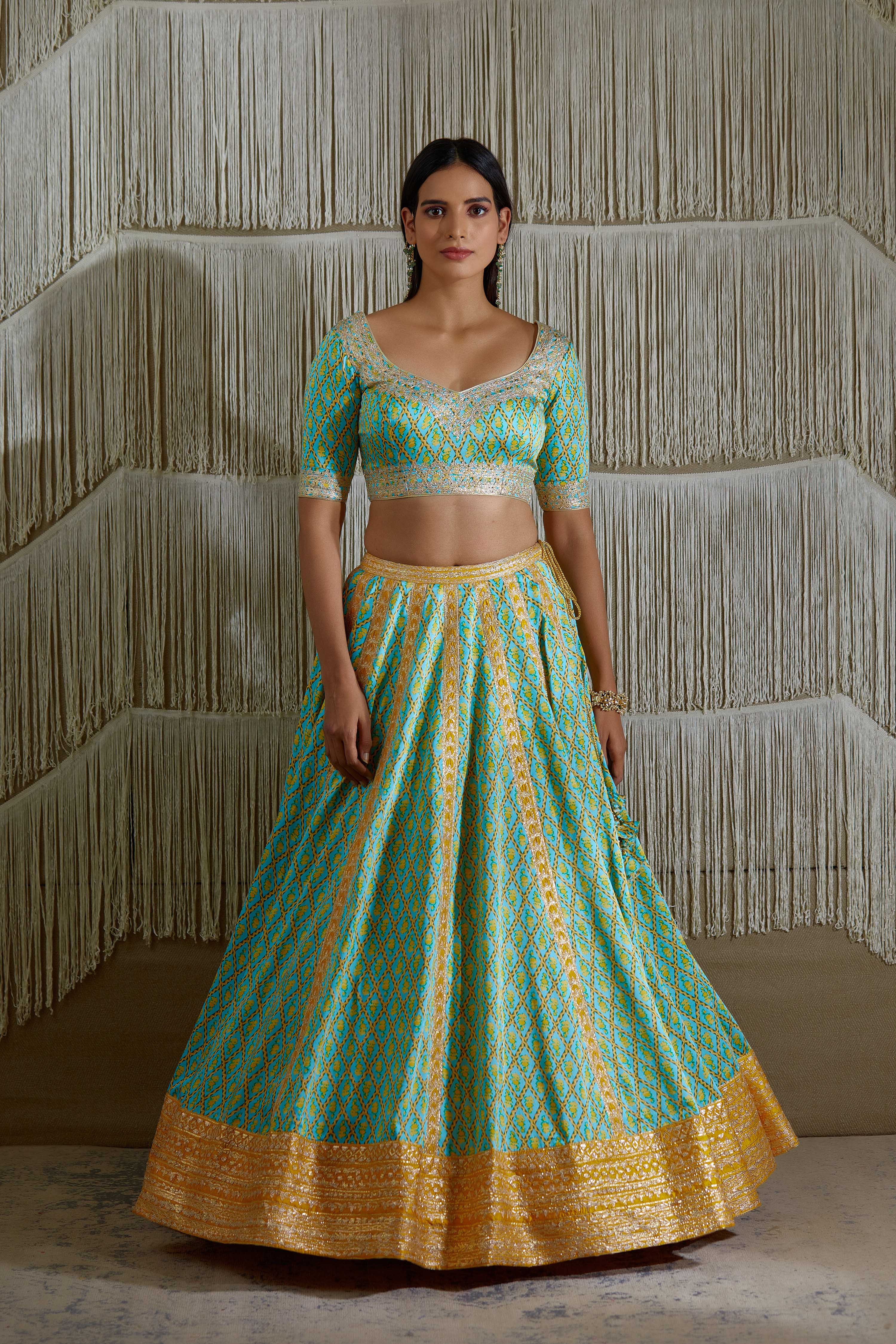 Blue Embroidered Printed Lehenga Set | Cotton and Clay