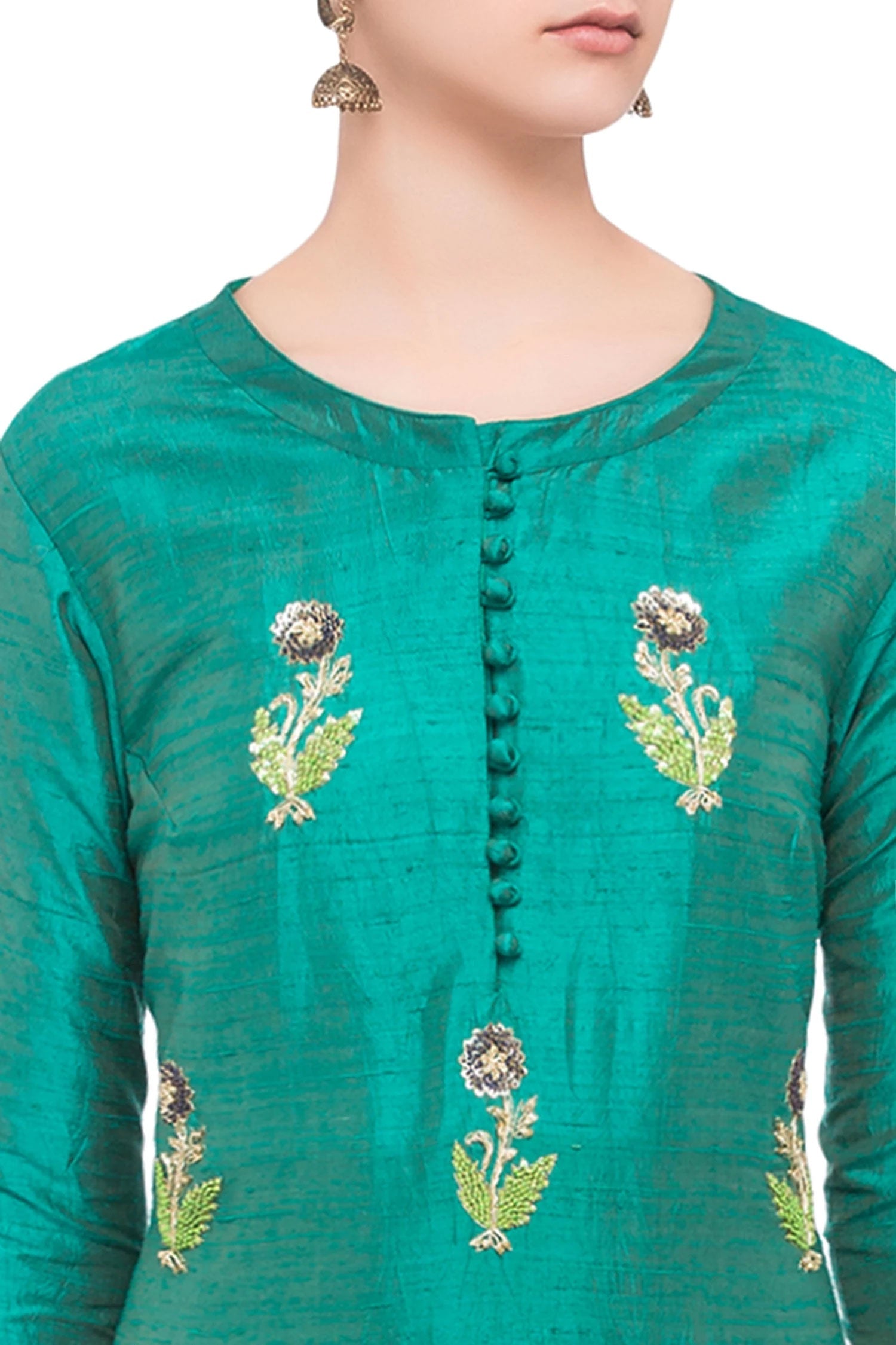 Teal green raw silk zardozi kurta