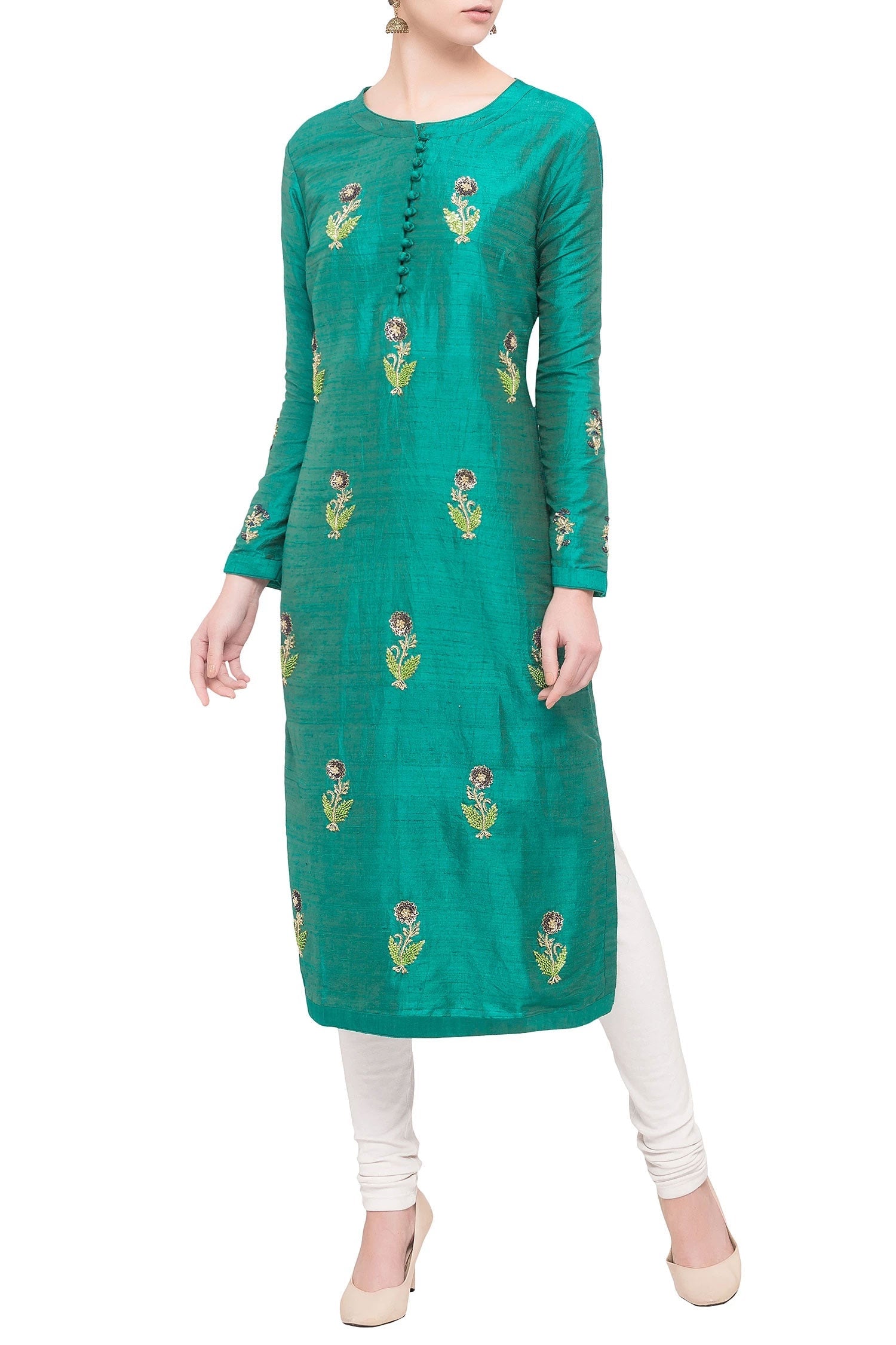 Teal green raw silk zardozi kurta