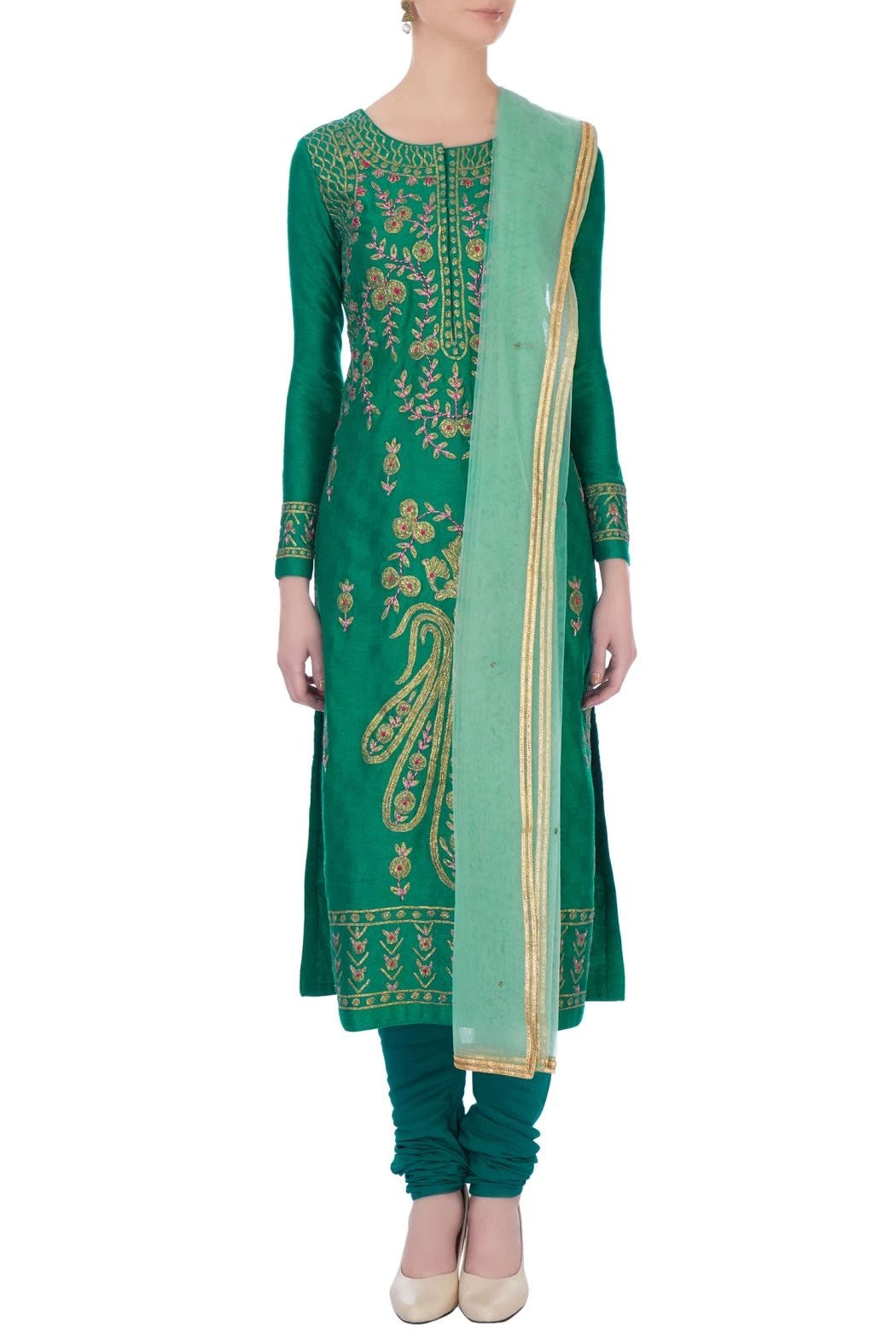 Teal-green gota embroidered viscose silk kurta set