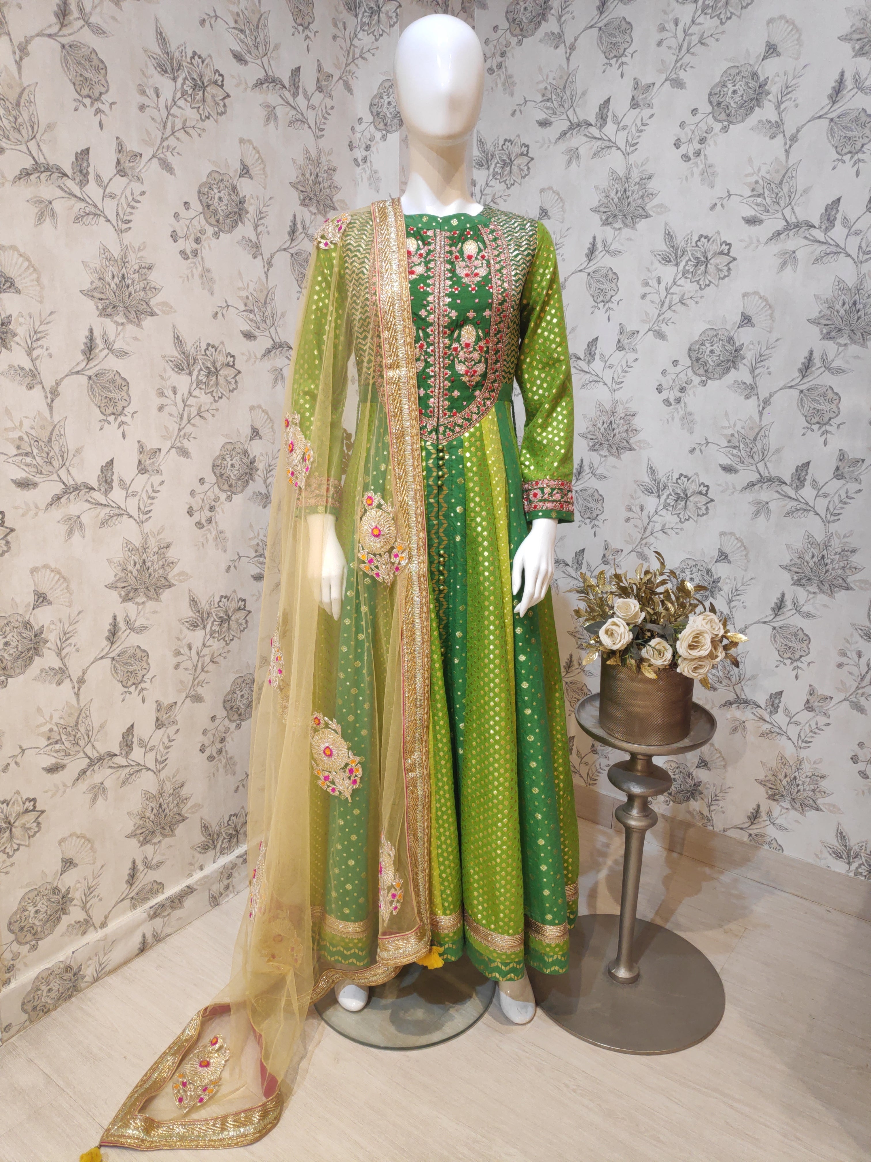 Green Yellow Anarkali Set- front view