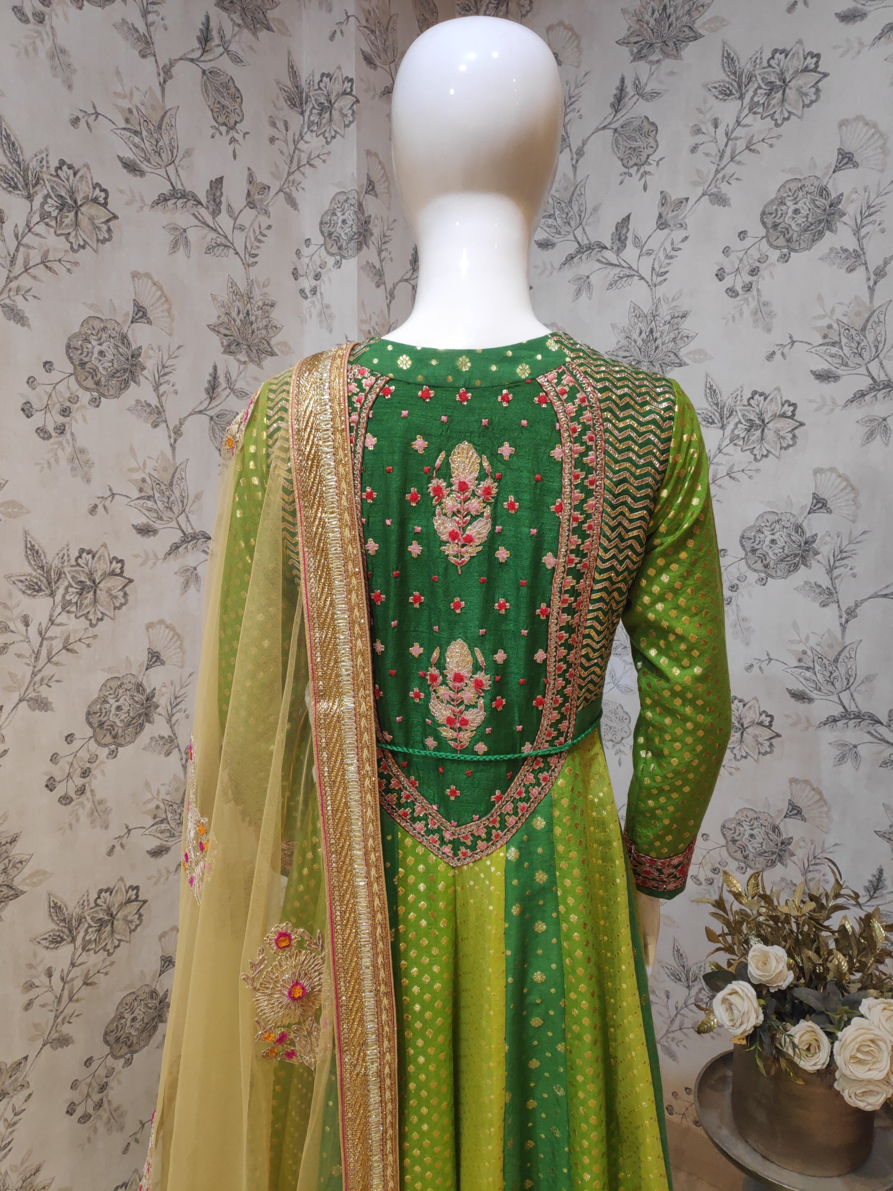 Green Yellow Anarkali Set- back view