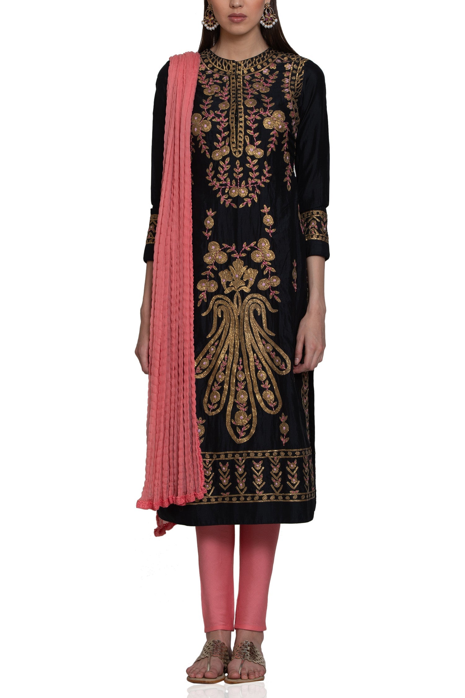 Black Embroidered Kurta Dupatta Set- front view