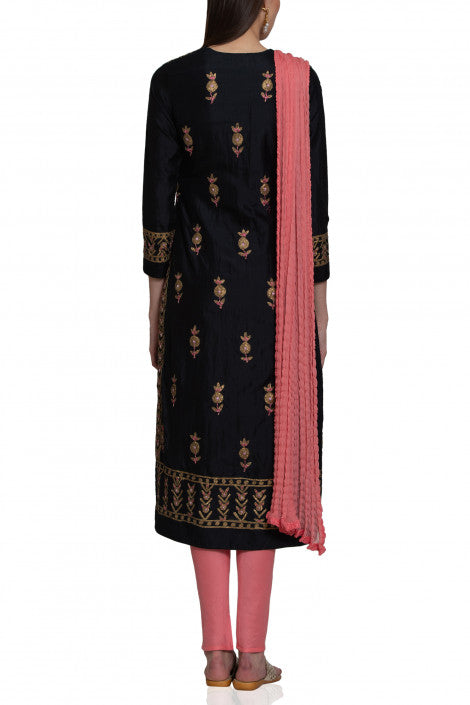 Black Embroidered Kurta Dupatta Set- back view