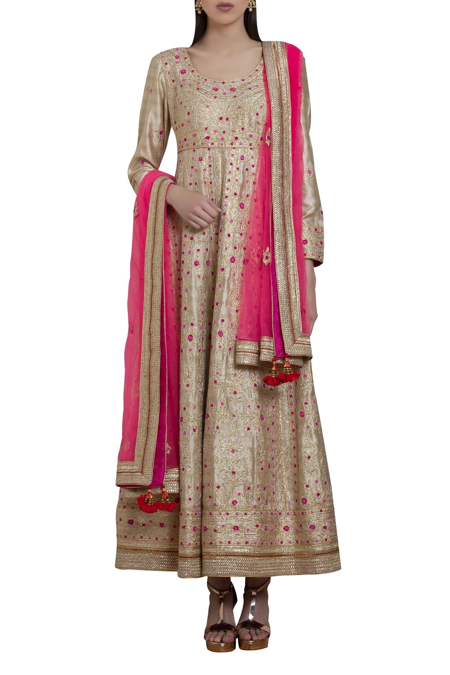 Gold and Pink Anarkali Set- front view