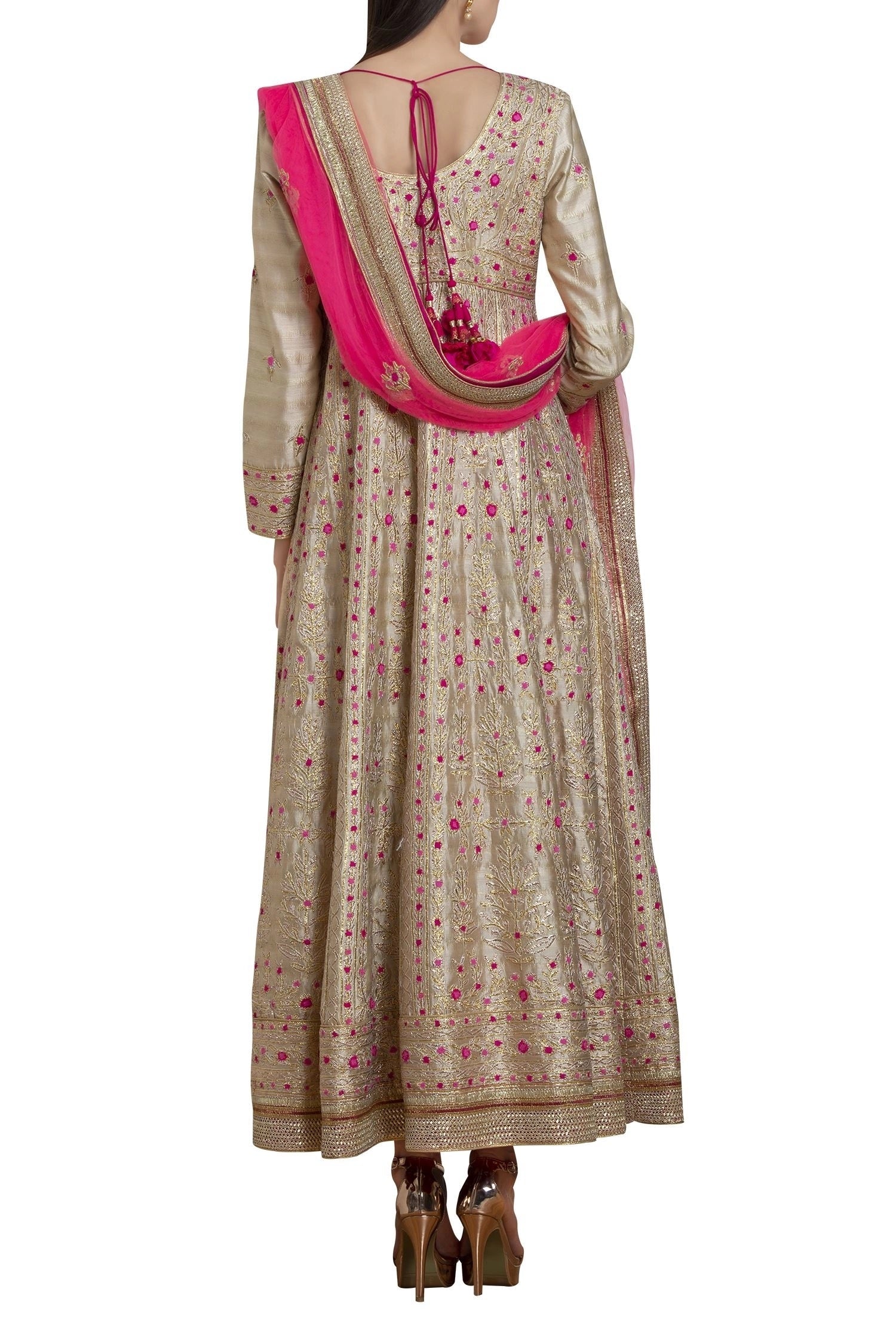 Gold and Pink Anarkali Set- back view
